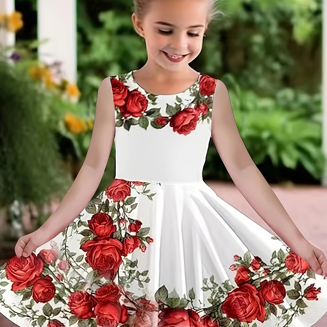 Girls' Spring/summer Vibrant Rose Floral Print Tank Dress With Flared Hem