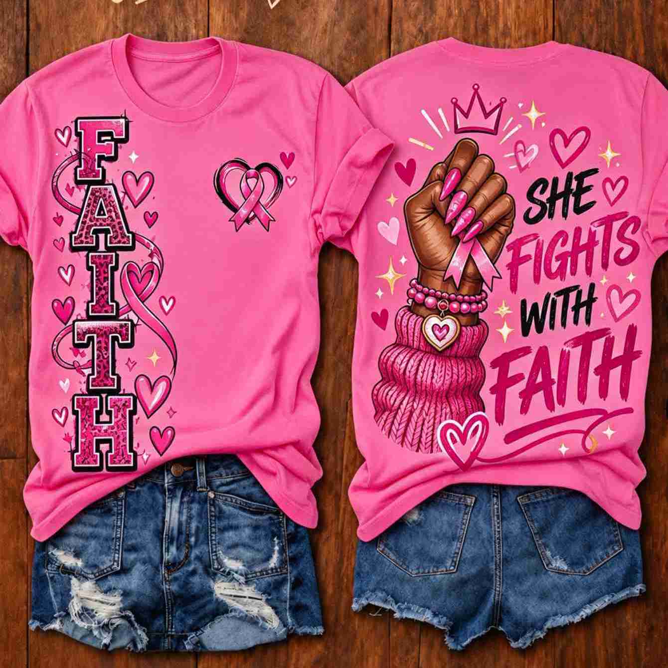 TEMU Women's Summer Casual White Crew Neck Short Sleeve T-shirt With Pink Ribbon, Faith She With Faith Heart Inspirational Graphic Print Loose Fit