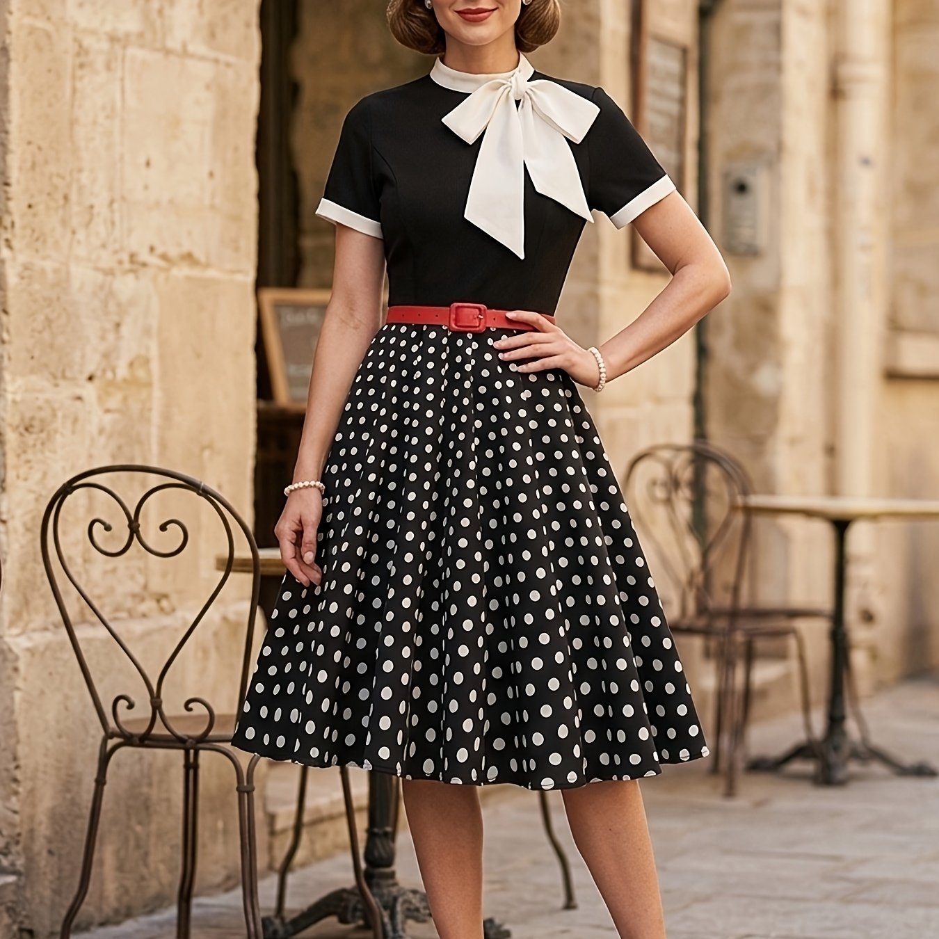 Image of Elegant Commuter Vintage Polka Dot Print 50s Women's Dress, Elegant Valentine's Day Party Dress