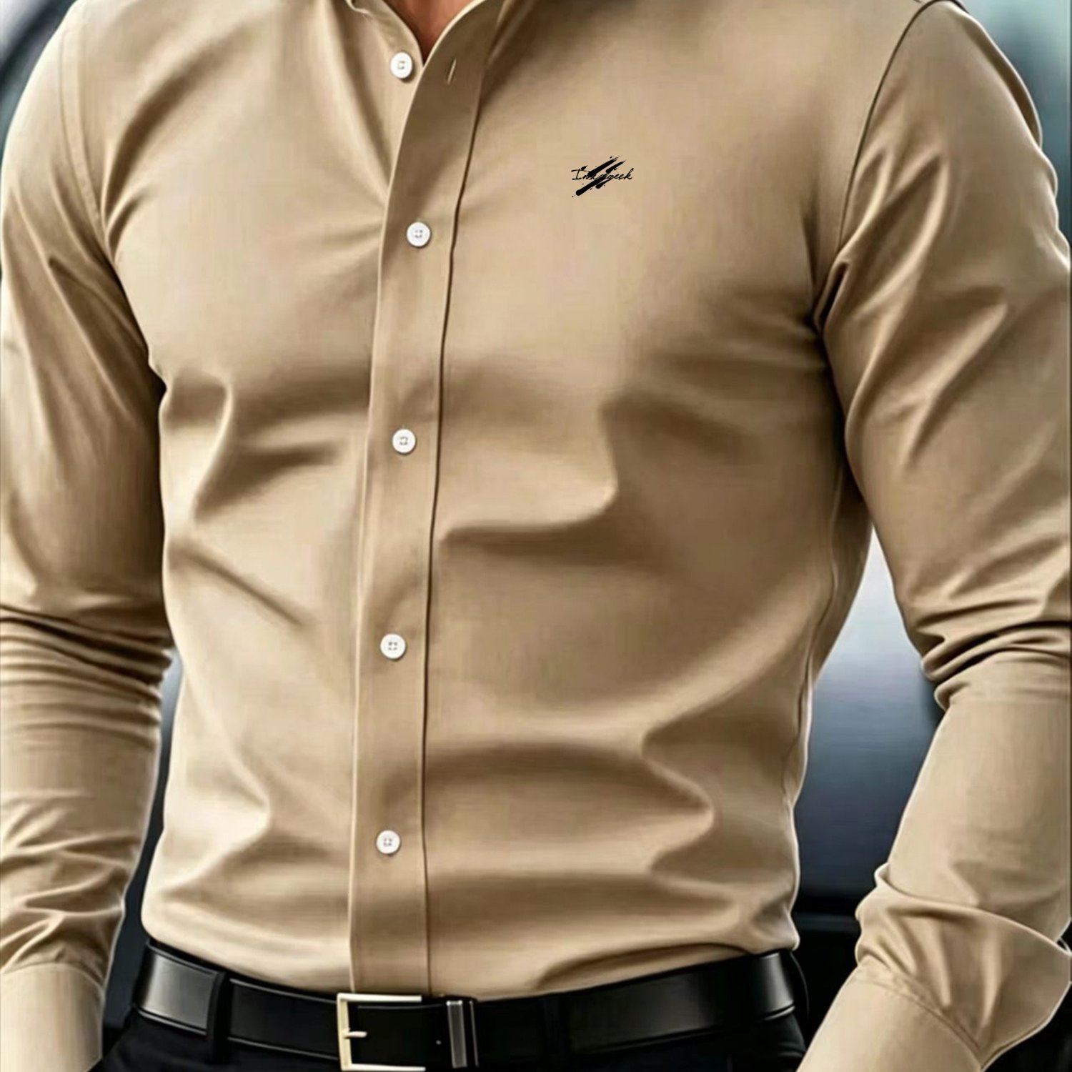 TEMU Minimalist Low-key Luxury Textured Solid Color Long-sleeve Shirt For Men, Men's Dress Shirt, Artistic Handwritten English Signature Print Shirt,