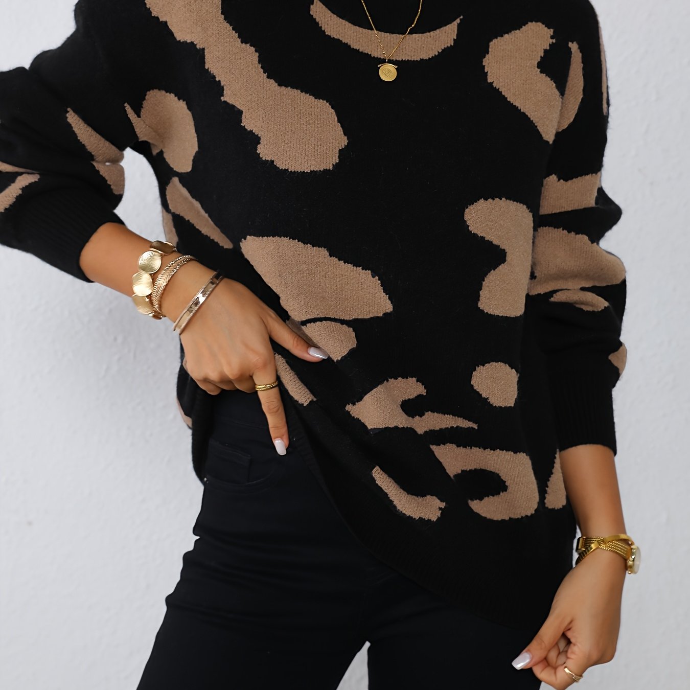 Leopard Pattern Long Sleeve Sweater, Stylish Crew Neck Sweater For Winter & Fall, Women's Clothing