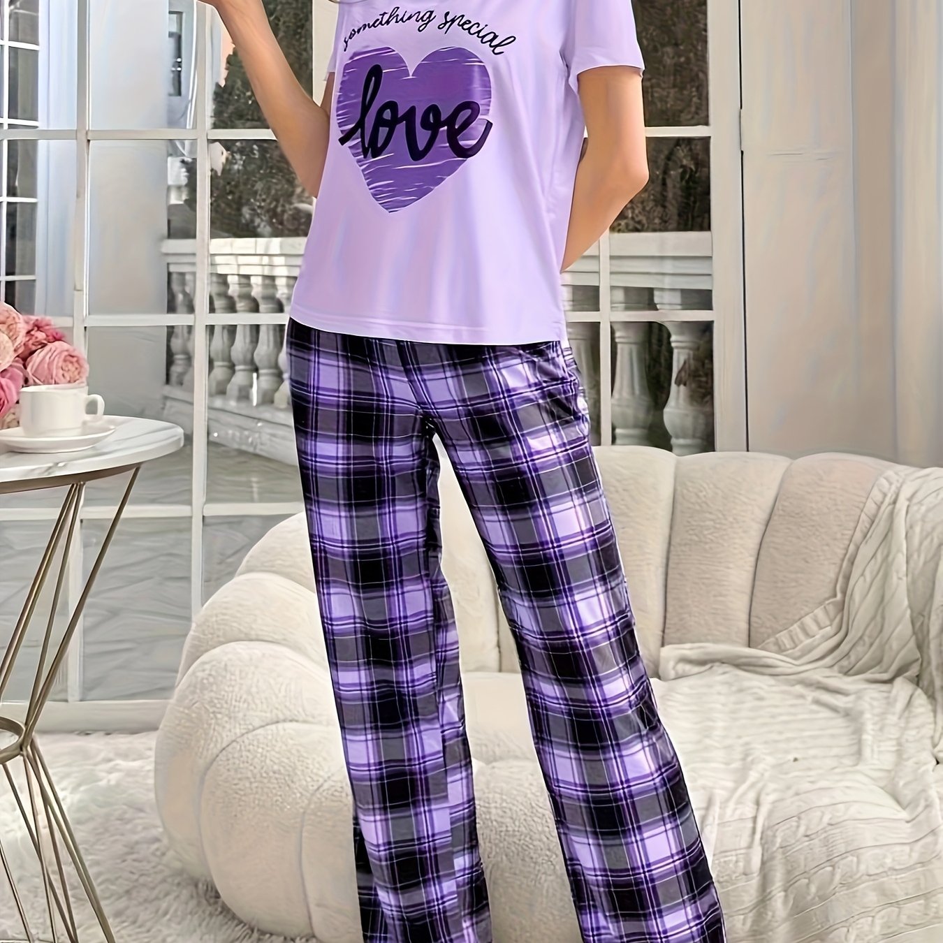 TEMU Women's Casual Heart & Letter Print Pajama Set, Short Sleeve Round Neck Top & Plaid Pants, Comfortable Relaxed Fit