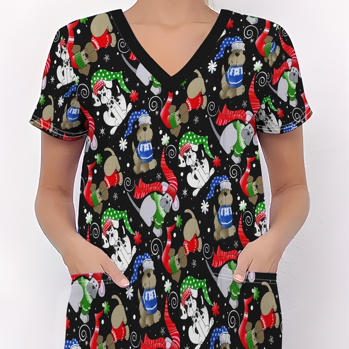 TEMU Christmas Women's Nurse Outfit, Black Background With Colorful Puppy Pattern, Wearing Sweater And Scarf, Decorated With Snowflakes And Small