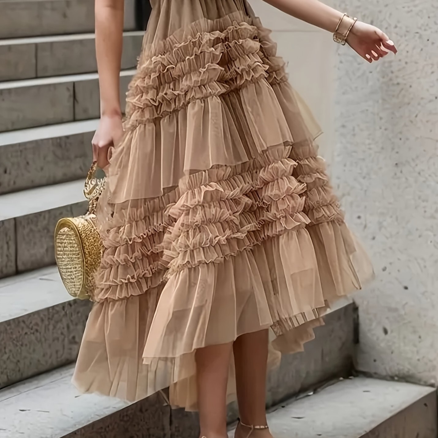 Image of Elegant Layered Mesh High-low Skirt - Solid Color, Polyester, Machine Washable - Perfect For Spring/summer/fall