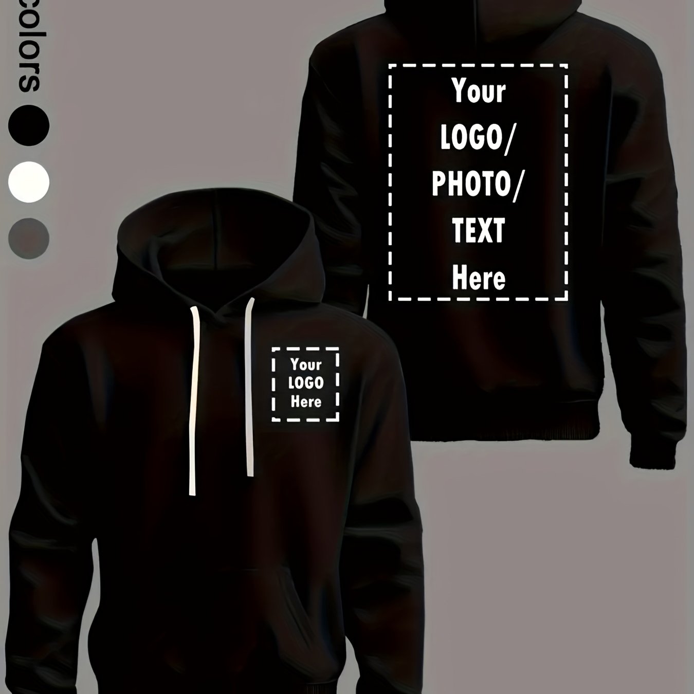 TEMU Izable Men's Hooded Sweatshirt With Personalized Printing - Your Own Logo/design, Black Long Sleeve Hoodie With Pockets, Loose Fit For Team