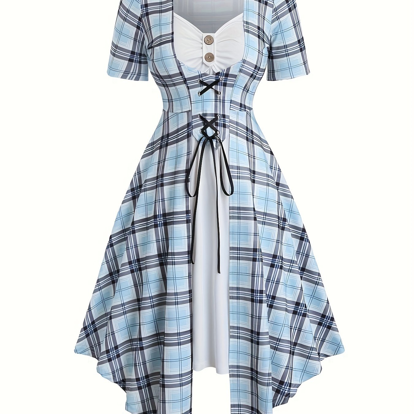 Image of Women's Vintage Tie-waist Short-sleeve Dress 2pcs Set: Long Dress + Spaghetti Suspender Dress