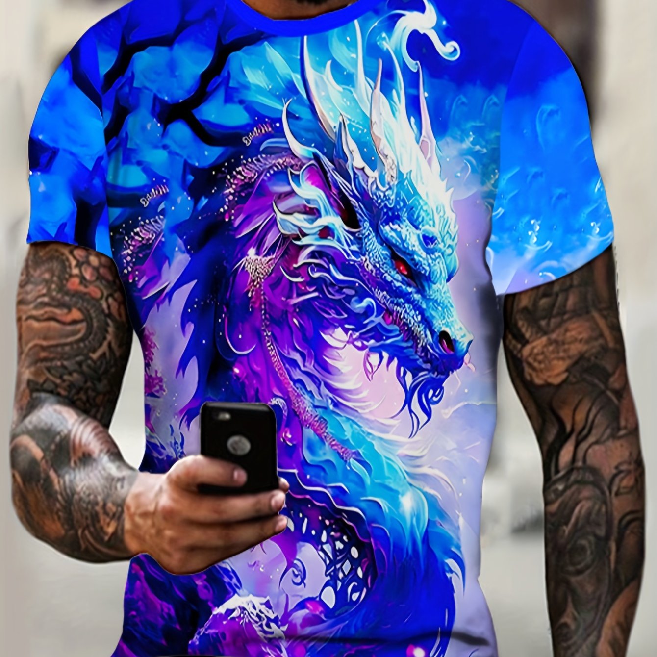 TEMU Men's Plus Size Breathable 3d Dragon T-shirt - Lightweight, Regular Fit Short Sleeve Crew Neck Casual T-shirt, Suitable For Spring And Summer,
