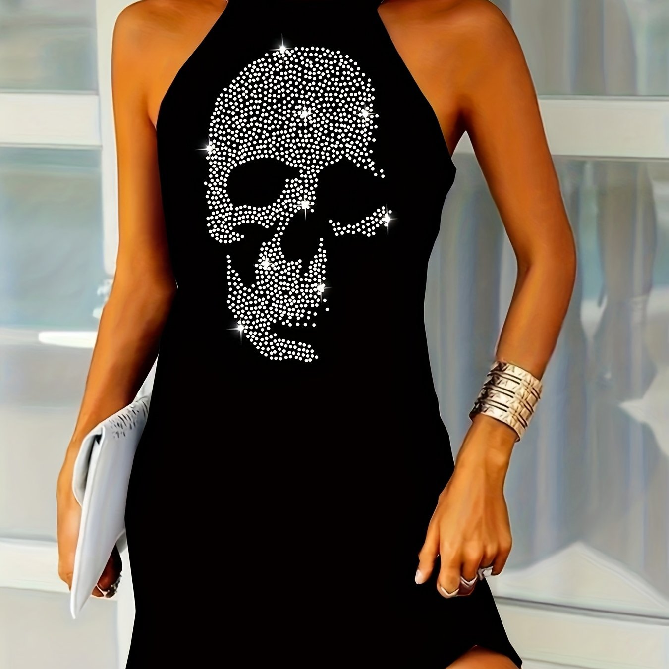 Image of New Women's Off-shoulder Dress Featuring A Fashionable Skull Design With Rhinestones