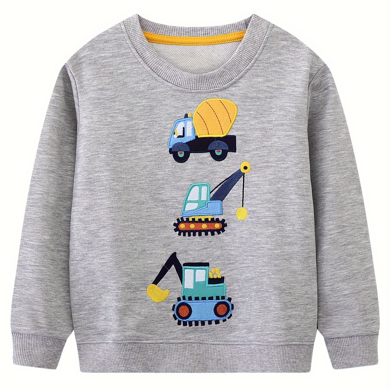 Image of Spring/autumn Boys' Long Sleeve Sweatshirt Cartoon Embroidery Excavator Engineering Truck Knit Casual Athletic Shirt Top