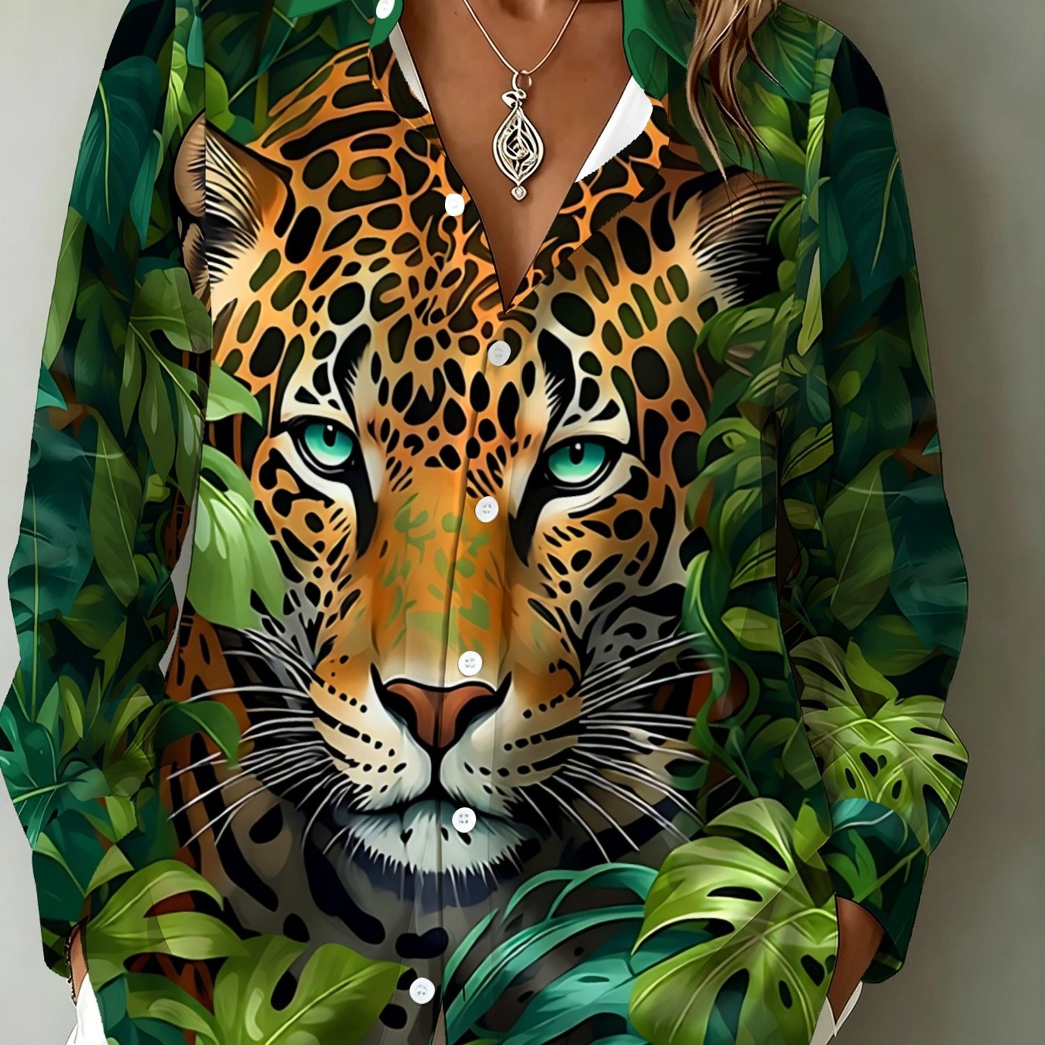 TEMU For Head & Jungle Foliage Printed Women's Shirt, Stylish & , Suitable For Daily Wear & Casual Occasions, Adds Fashionable & Artistic Charm To