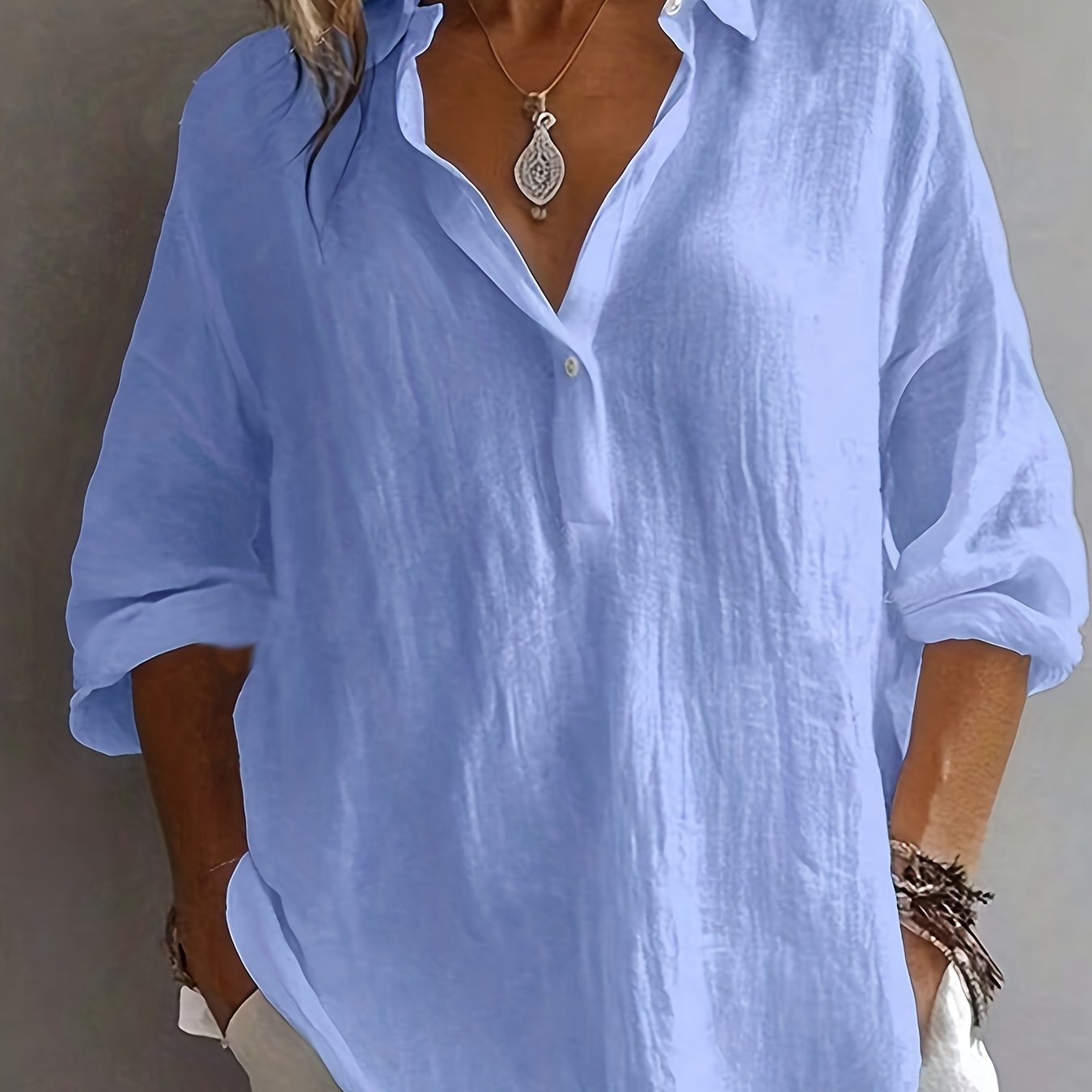 TEMU Plus Size, New Stunningly Elegant Versatile Plus-size Women's Shirt With Half-open Collar And Long Sleeves