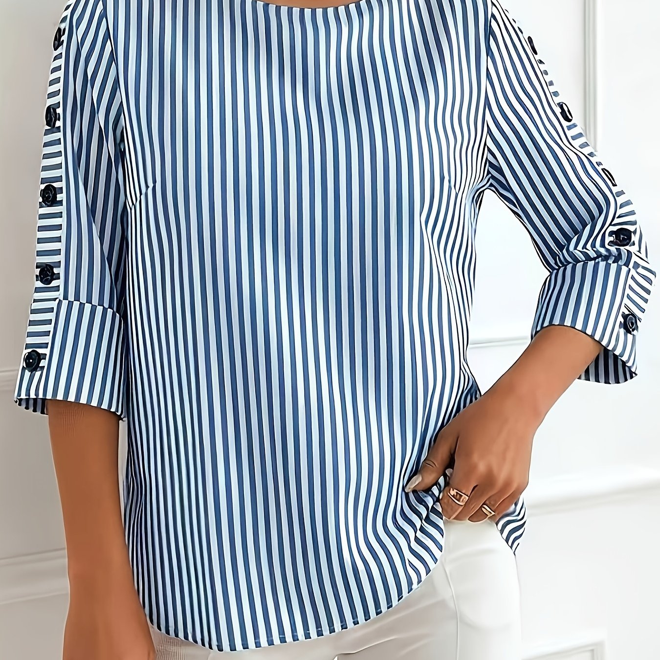 TEMU Spring Summer New Striped Original Medium Sleeve Blouse Women's Elegant Work Shirt Beautiful Women's Clothing