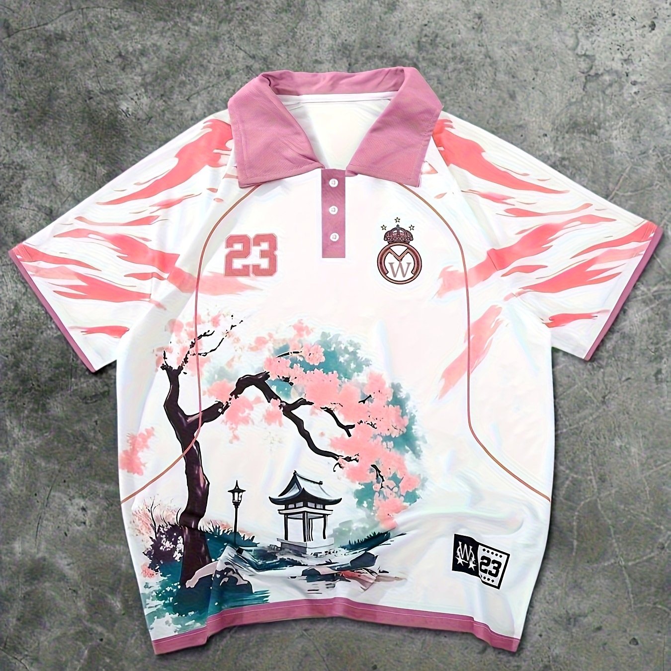 TEMU [ Obm] Men's Harajuku Style Cherry Landscape Pattern Shirt, Short Sleeve Aesthetic Sports Top White And Pink Asian Style Shirt, Casual Men's