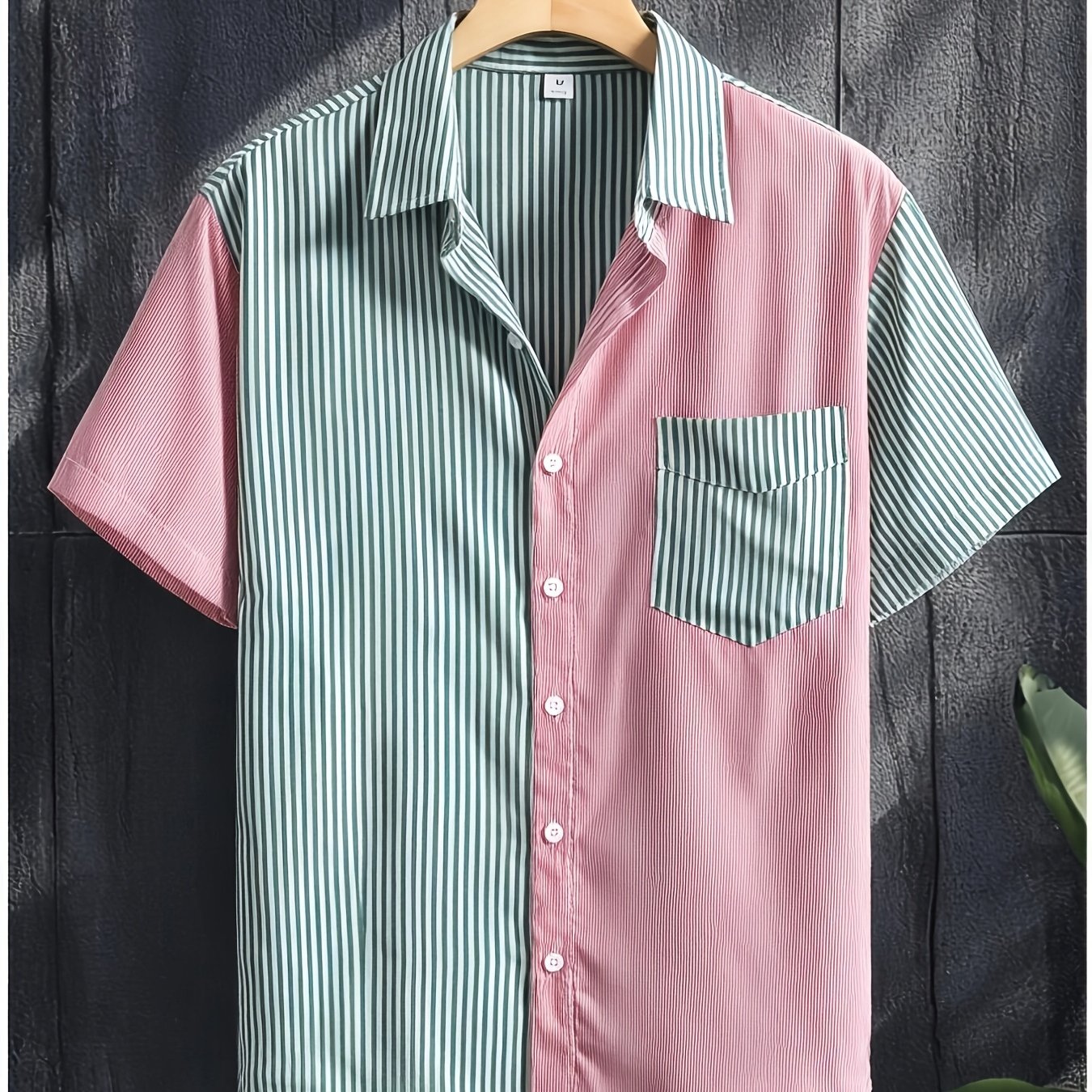 TEMU Men's Striped Colorblock Short Sleeve Shirt, Summer Trendy Casual Button-up Shirt