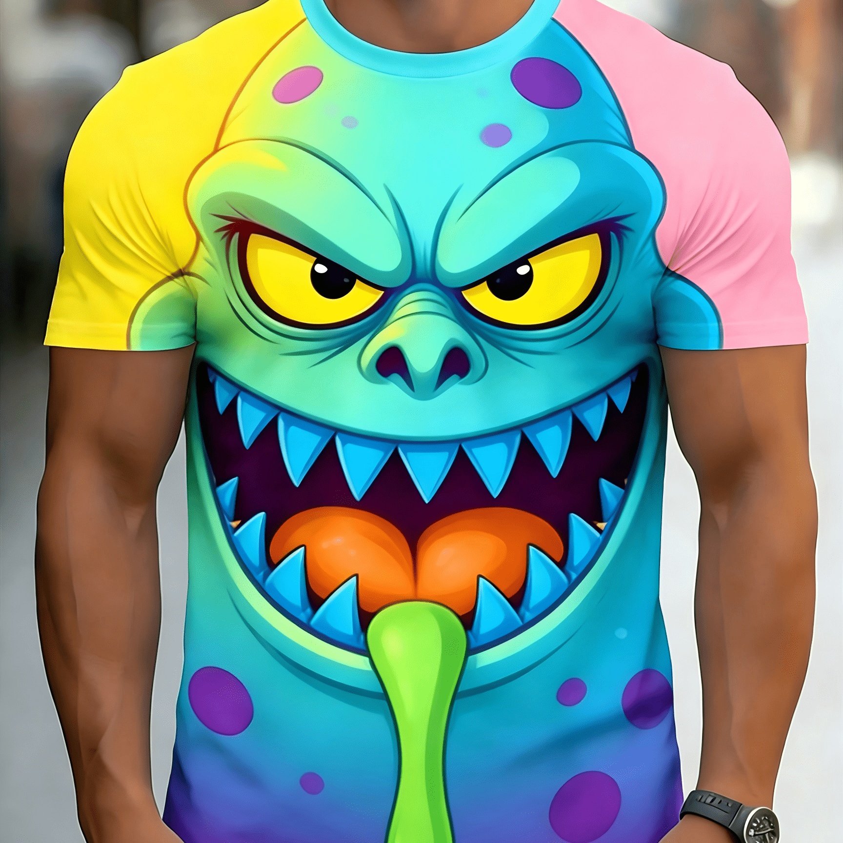 TEMU Men's Plus Size Short Sleeve T-shirt, Gradient Green- + Fangs + + Contrast Color Sleeves, Fun Dark Trendy Style, Suitable For Streetwear,