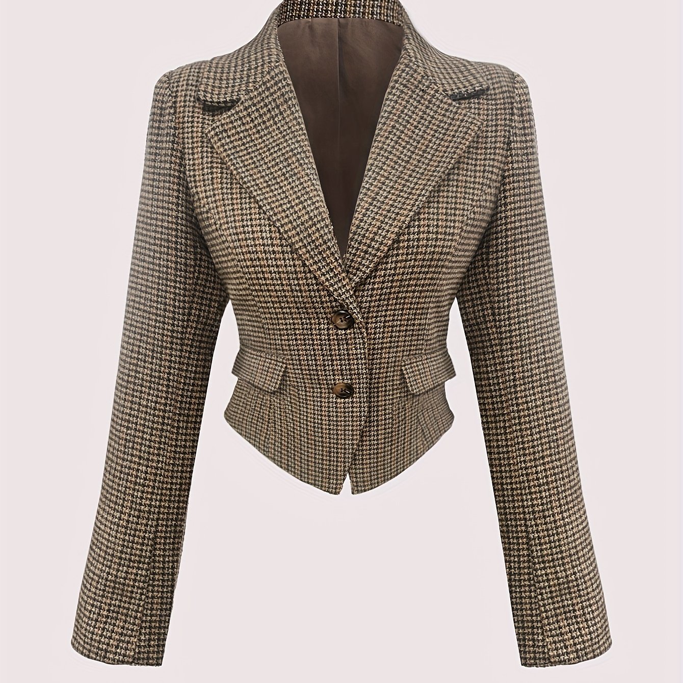 Image of Women's Elegant Blazer - Long Sleeve Tailored Jacket With Fit, Brown Tartan Pattern, Single-breasted Button Front, Fall/ & Casual Outerwear, Fall Fashion, , Stylish Coat