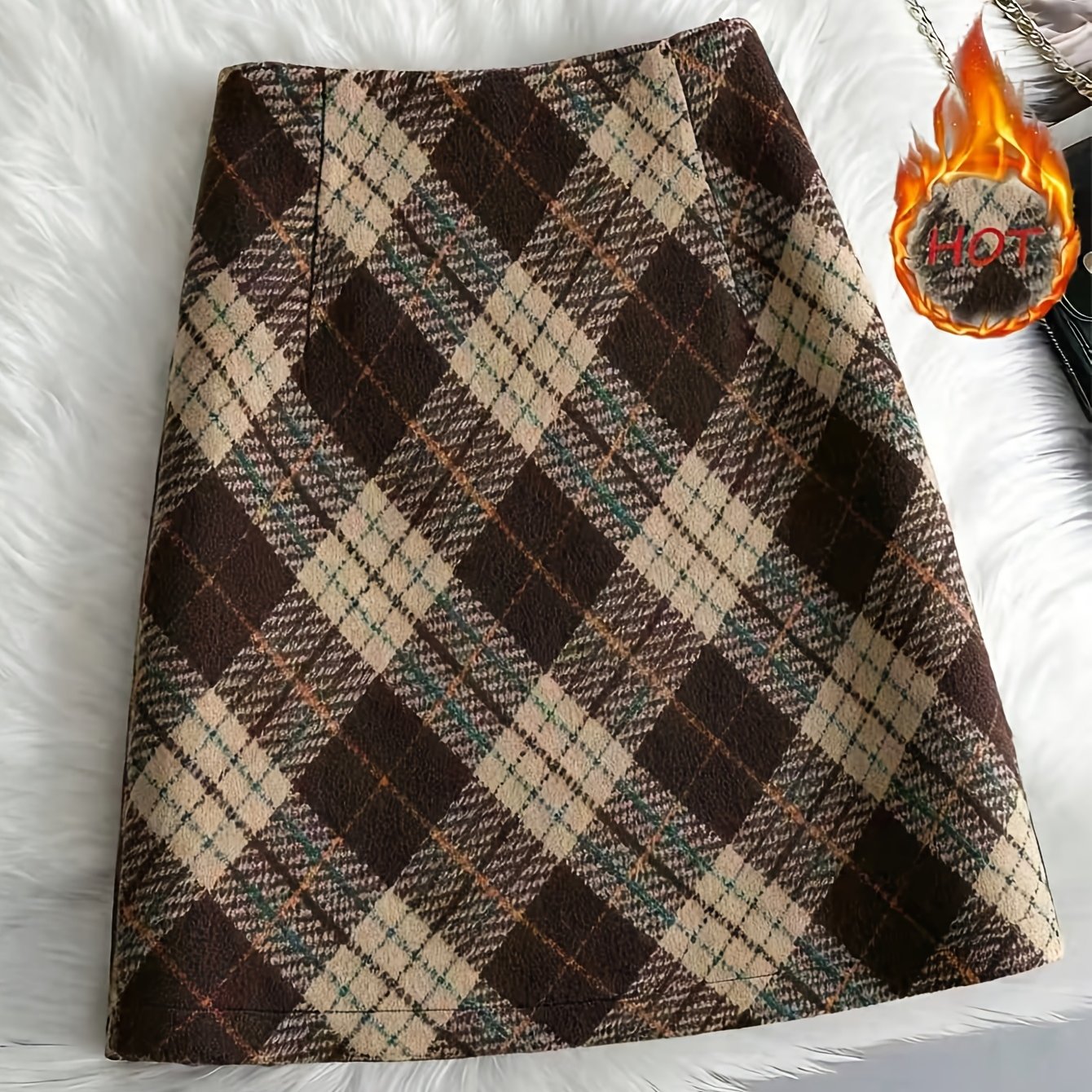 TEMU Zd260711285 New Women's Skirt, Women's Brown Plaid Midi Skirt, Winter Vintage 70s High-waist A-line Thick Skirt, Suitable For Office, Back-to-