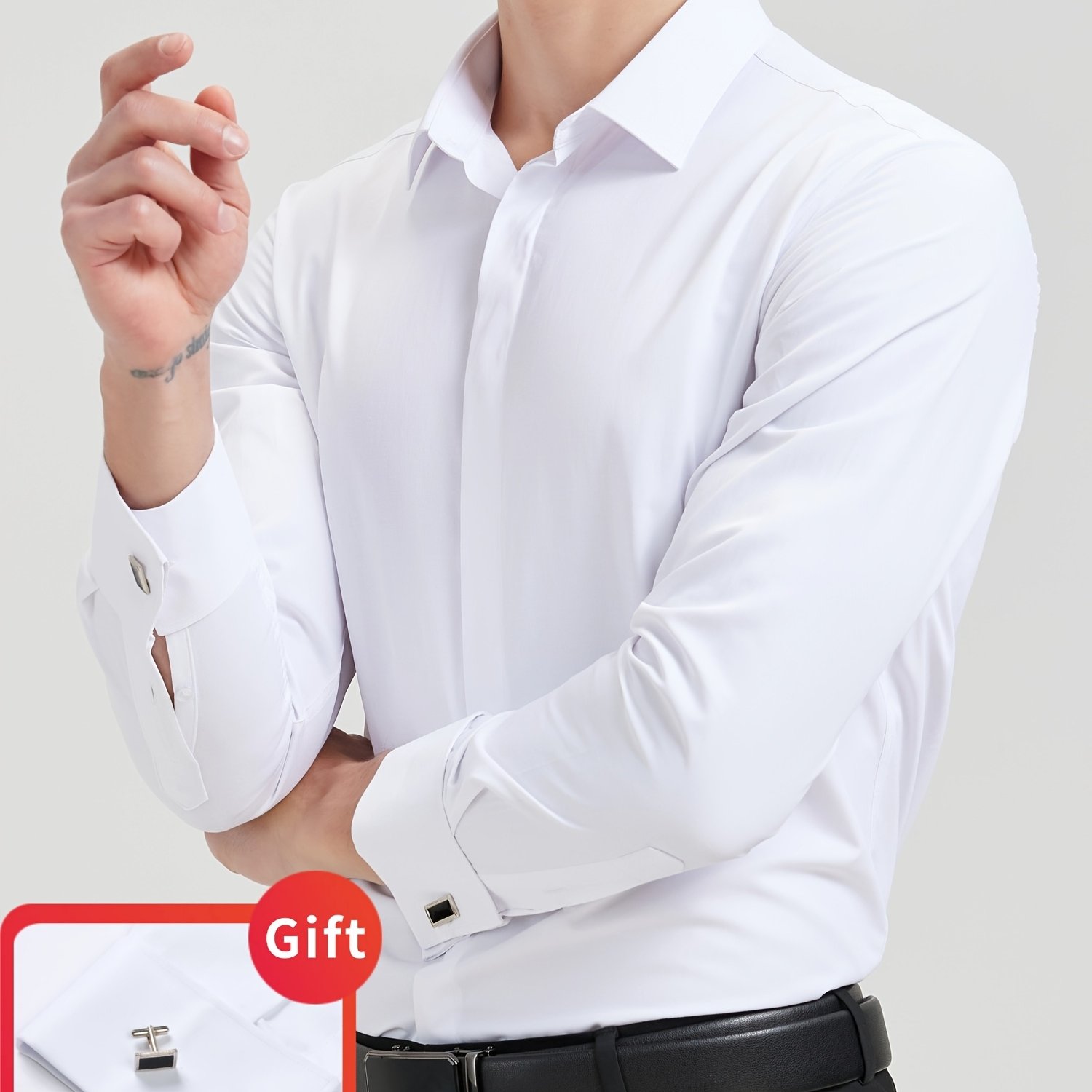Men' Color Fly Front French Cuff Long Sleeve Formal Shirt (free Gift: Random Metal Cufflinks)