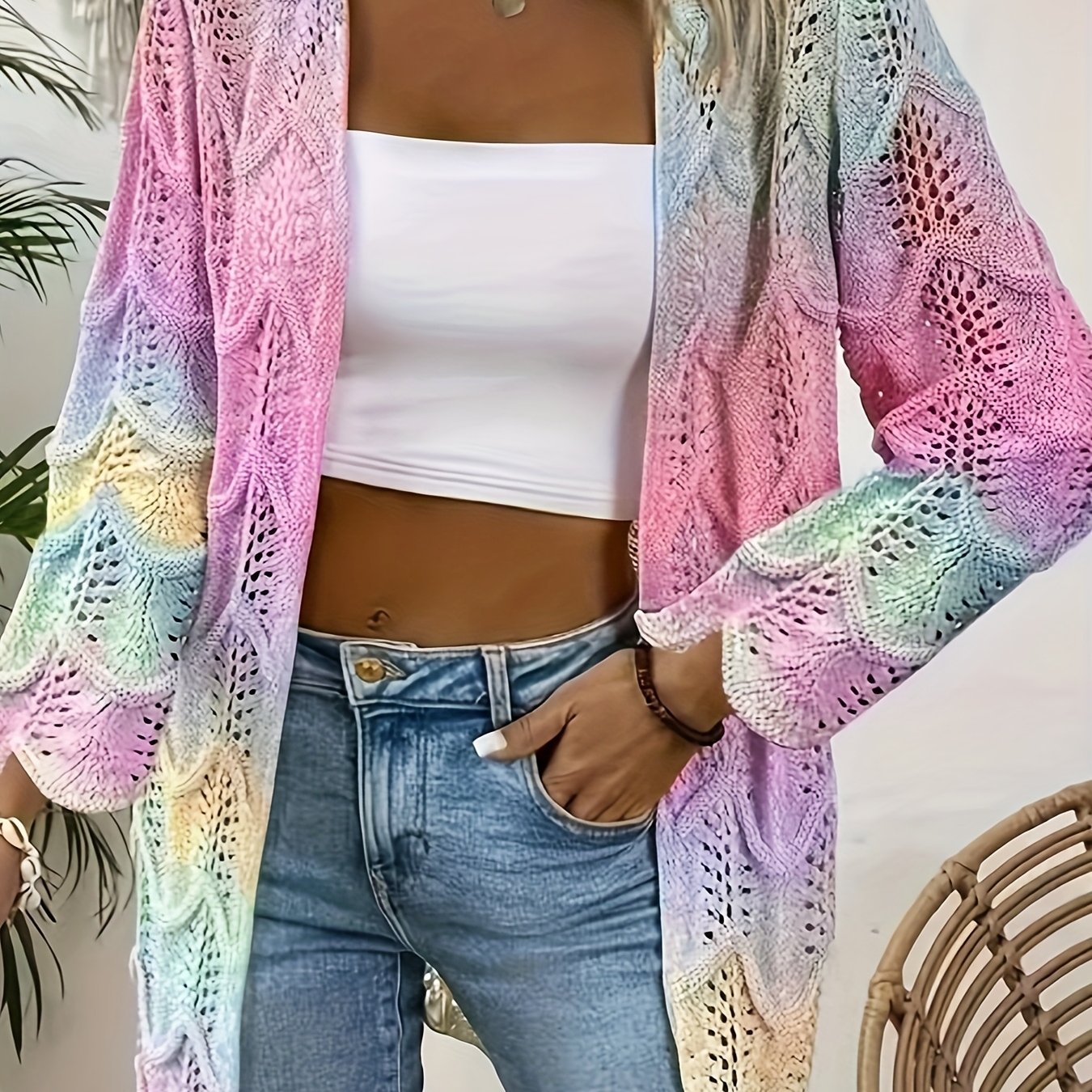 Plus Size - Plus Size - Women's Plus Size Open-front Long Sleeve Cardigan, Unique Multicolor Hollow-out Sweater