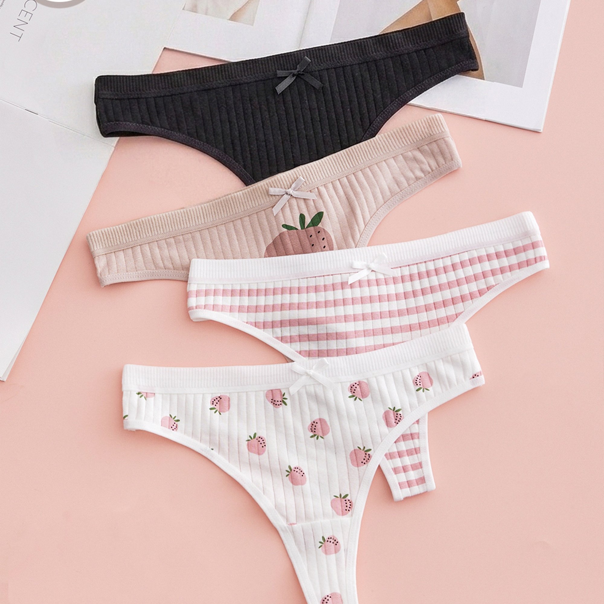 Image of 4pcs Random Pack Rib Bow Thong Cute Sweet Ladies Thong Strawberry Print Pattern Bikini Panties Soft High Stretch Lingerie Casual Comfortable Underwear
