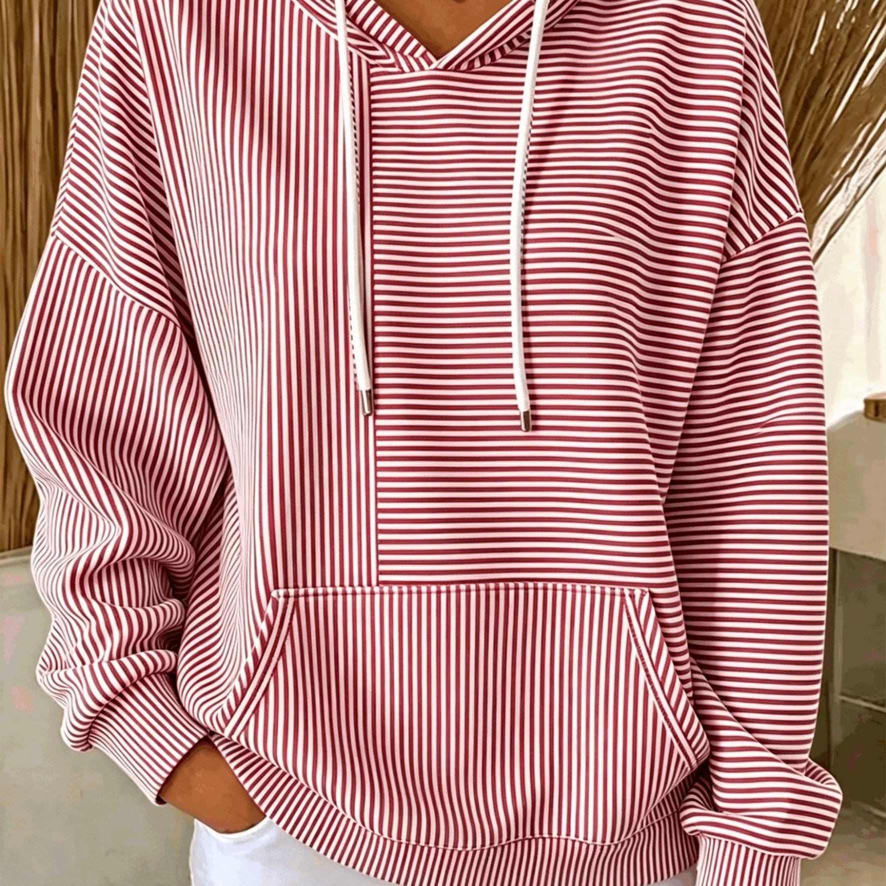 TEMU Plus Size, Autumn/winter Plus Size Women's Asymmetrical Striped Hooded Top, Loose Fit Casual Pocket Top