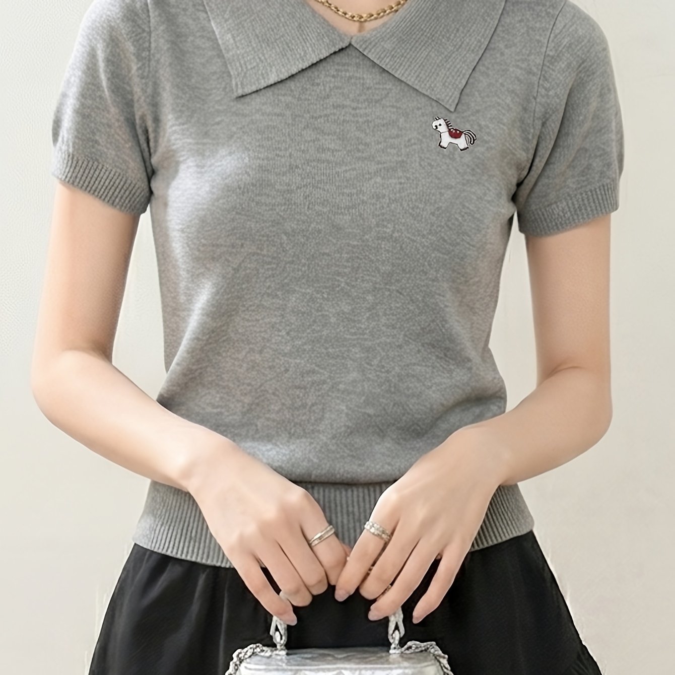 TEMU 여성용 우아한 칼라 자수 레귤러 숄더 반팔 상의, 플리츠 허리 디테일 뉴 서머 스타일