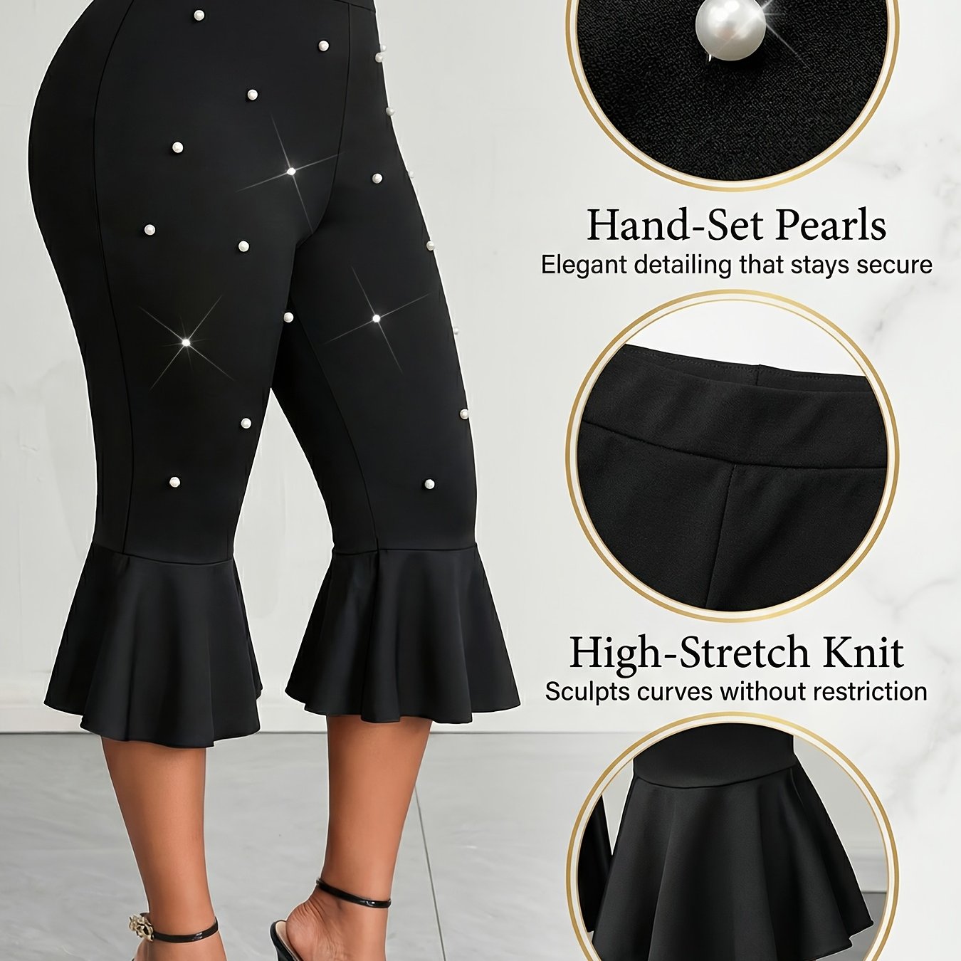 TEMU Plus-size High-waisted Elastic Leggings, Stretchy And Figure-hugging, With Pearl Embellishments And Ruffle Detailing, Designed For Plus-size