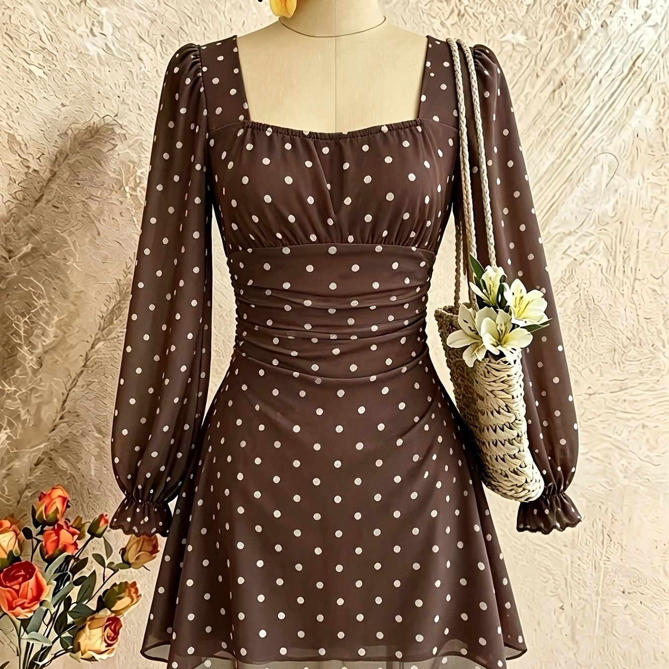 TEMU 2026 Spring/summer French Square Neck Polka Dot Dress Women's Long Sleeve Waist-cinching Chiffon Short Skirt Retro Pure Look Style Date Vacation