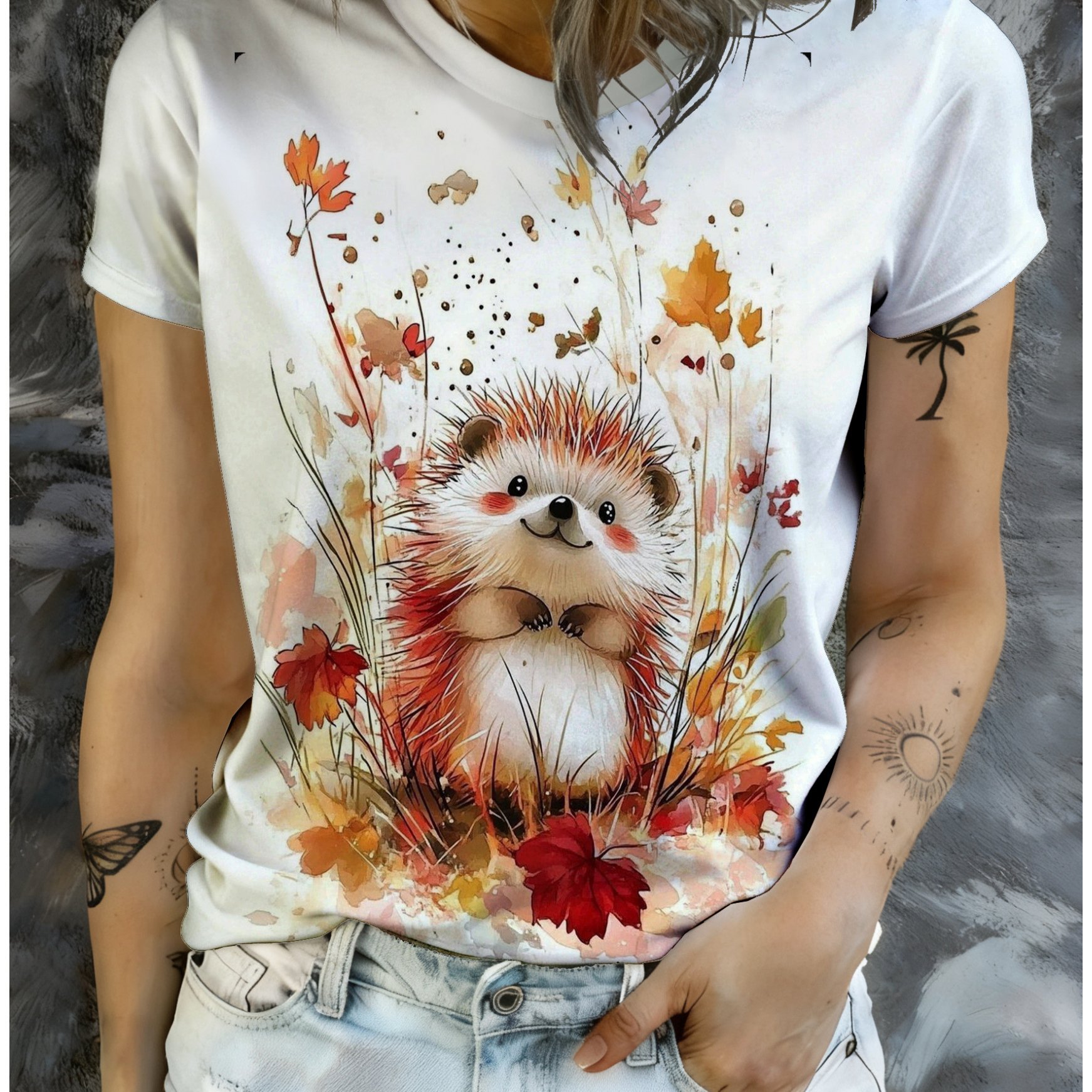 TEMU T-Shirt Imprimé Hérisson Taille - Hérisson Adorable Corps & Automne, Coupe Col Rond Manches Courtes Blouse pour Tenues Décontractées Printemps
