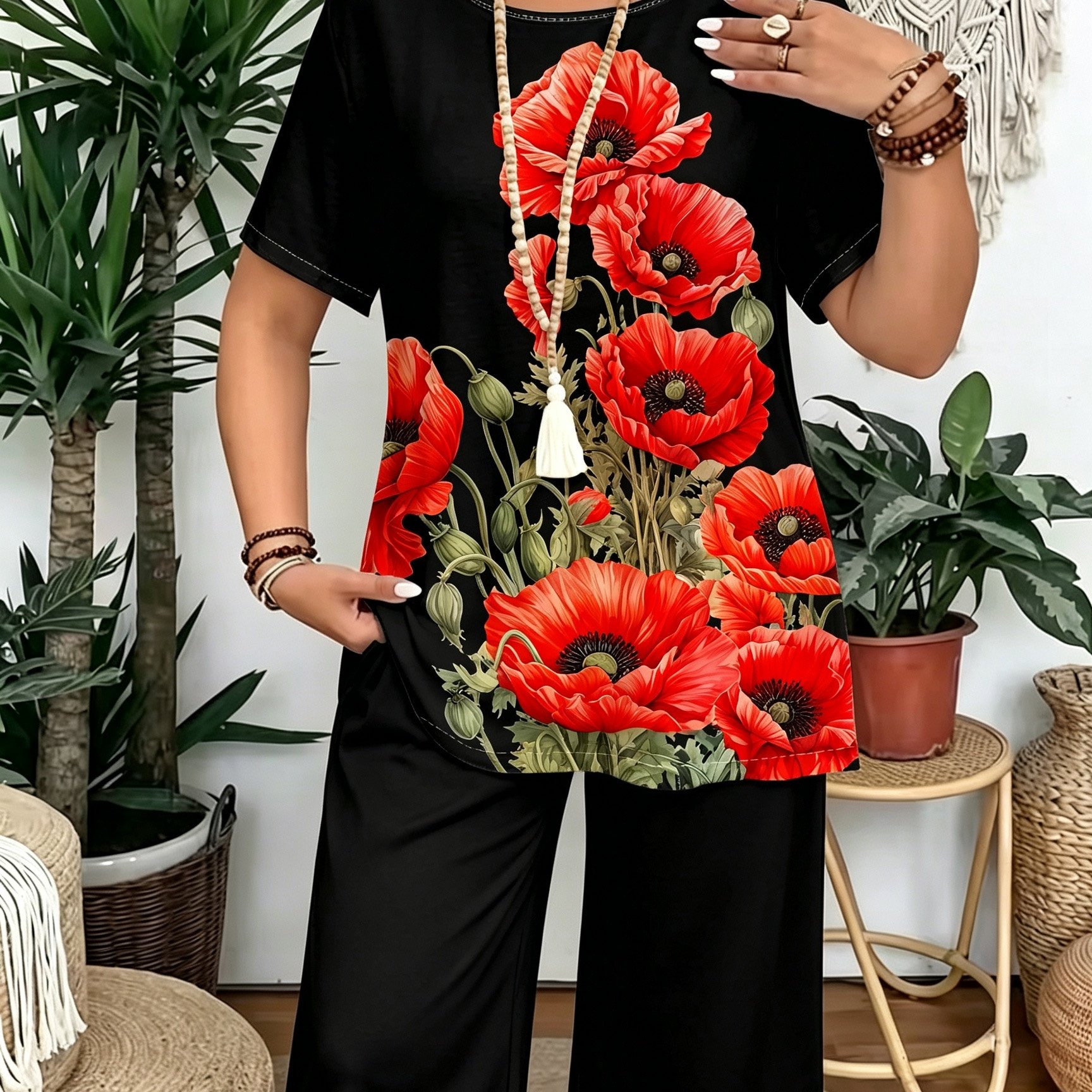 Image of Plus Size, Plus Size Women's Suit Elegant And Fashionable, Floral Print Round Neck T-shirt 2pcs Set, Suitable For Home, Travel, Parties, Vacation.