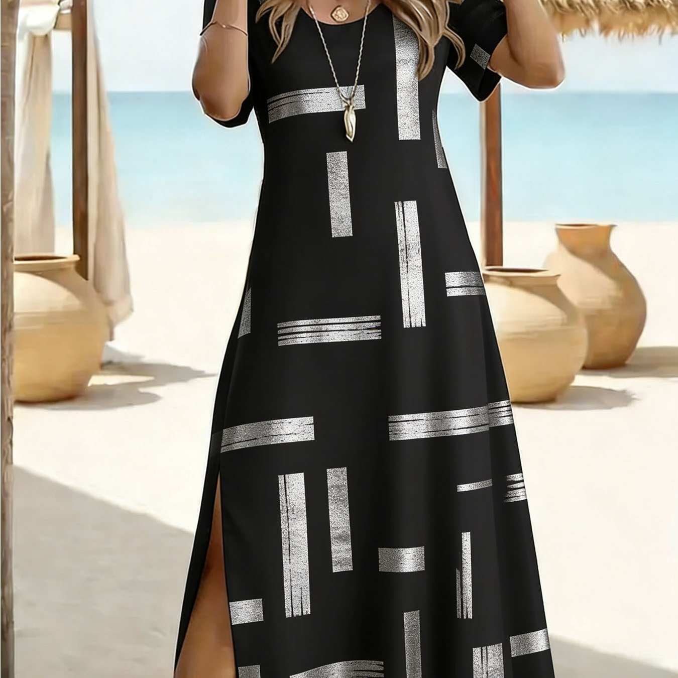 Women's Casual Short Sleeve Geometric Lines Midi Dress - Vibrant A-line Long Dress, V Neck Machine-washable Spring Outfit