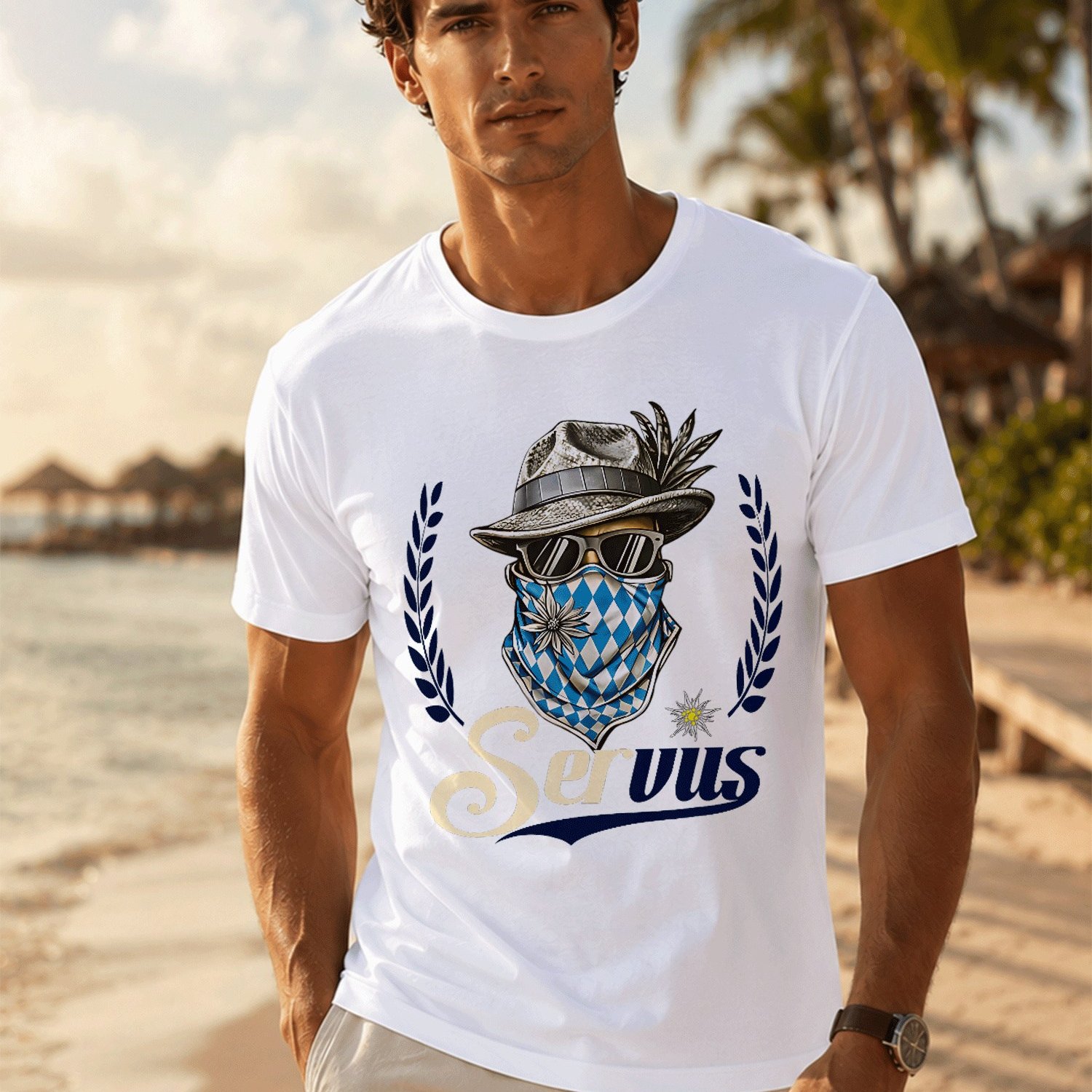 Image of Servus Trachten Suitable For Oktoberfest Costume Men's T-shirt Black For Men Summer Casual T-shirt- Lightweight Tee For Seaside Vacation, Beach Resort