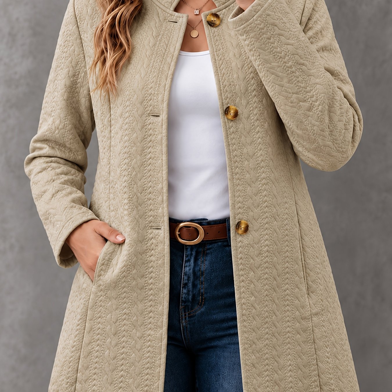 TEMU Plus Size, 2026 Autumn/winter Women' Color Jacquard Textured Fabric Long Sleeve Stand Collar Jacket Blazer Top With Button Pockets, Slim Fit,