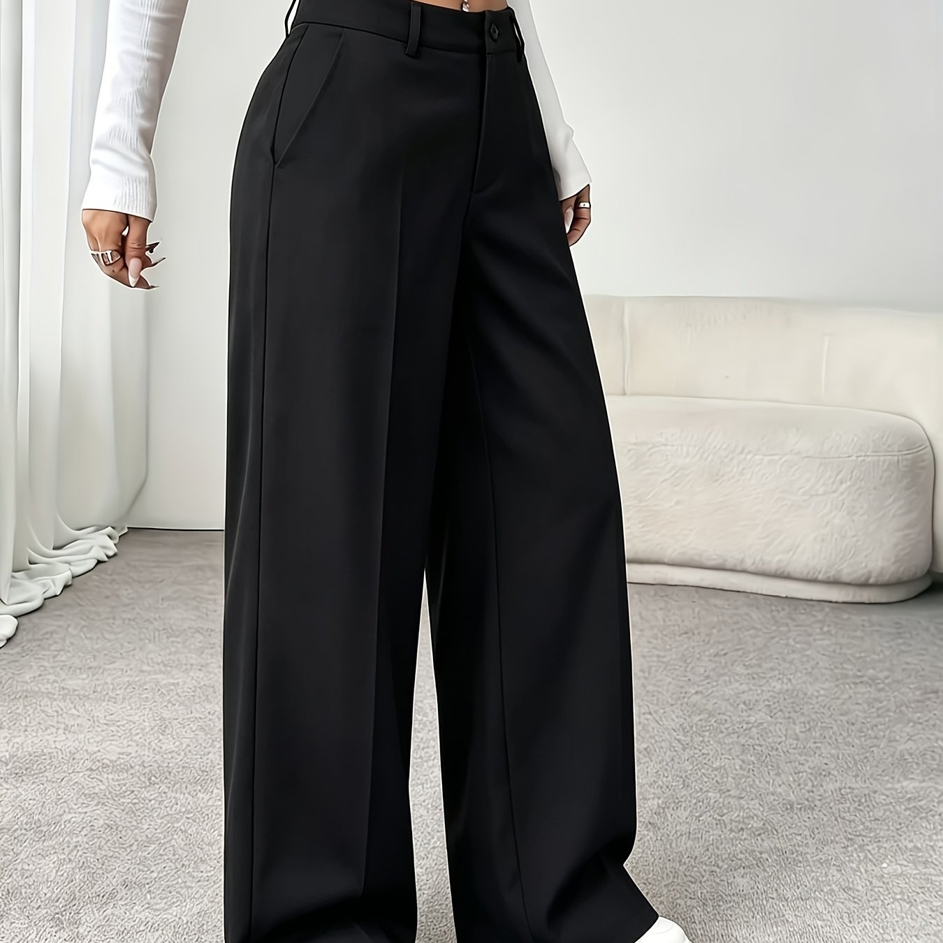 TEMU Elegant Solid Color Simple Wide-leg Suit Pants For Women - Belt Not Included, Soft And Comfortable, Wardrobe Essential, High-waist, Draping