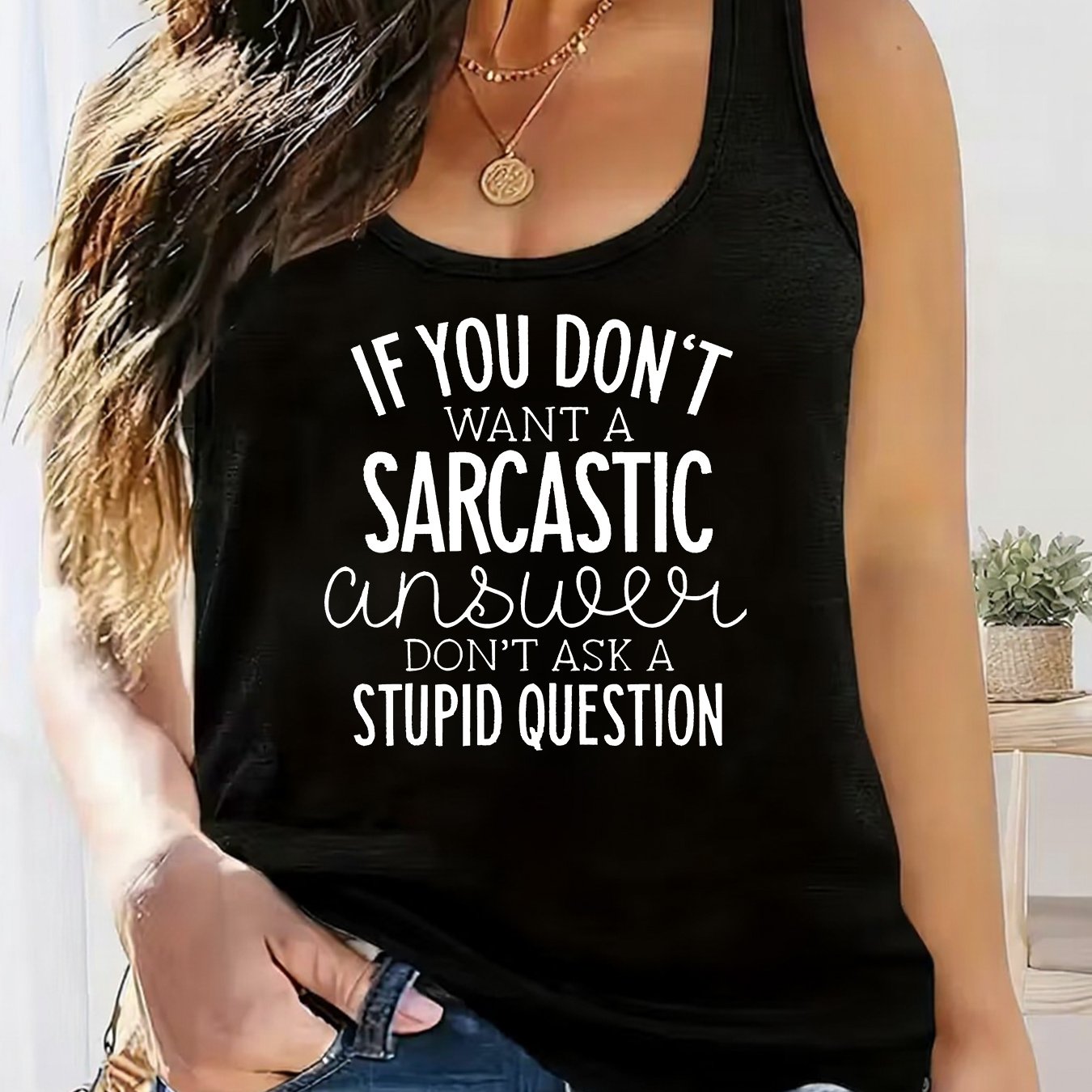 TEMU Plus Size, Plus Size Women's Sleeveless Blouses - Soft Breathable Sleeveless Tops With Cute & Humorous Letter & Geometric Prints, Machine