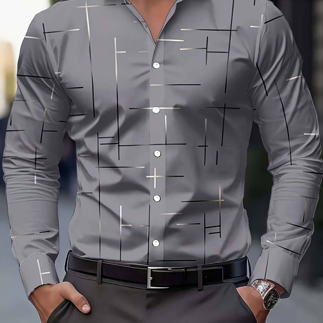 Men's Casual Geometric Print Long Sleeve Shirt - Breathable Button-up Collared Shirt For Spring & Fall, Machine Washable Regular & Casual Attire, Modern Menswear, Nonstretch Fabric