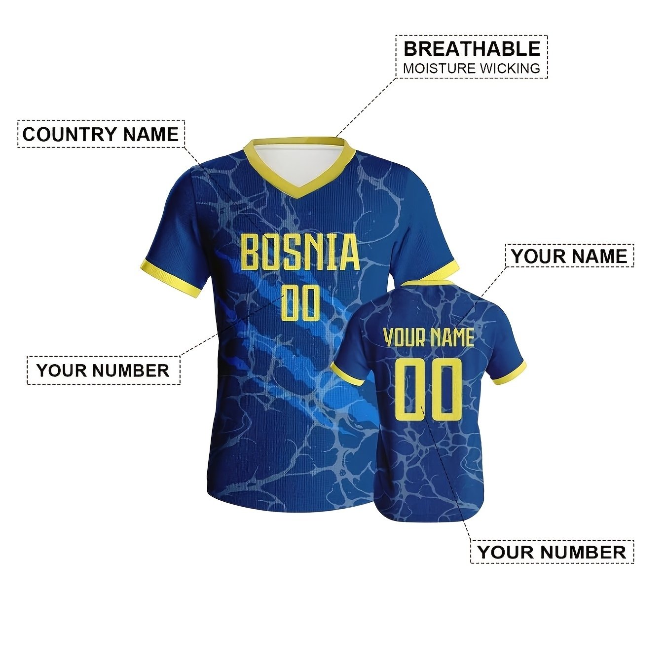 Moški po izdelan bosanski nogometni dres - Personalizirano ime in številka, zračna majica s kratkimi rokavi in okroglim izrezom, primerna za