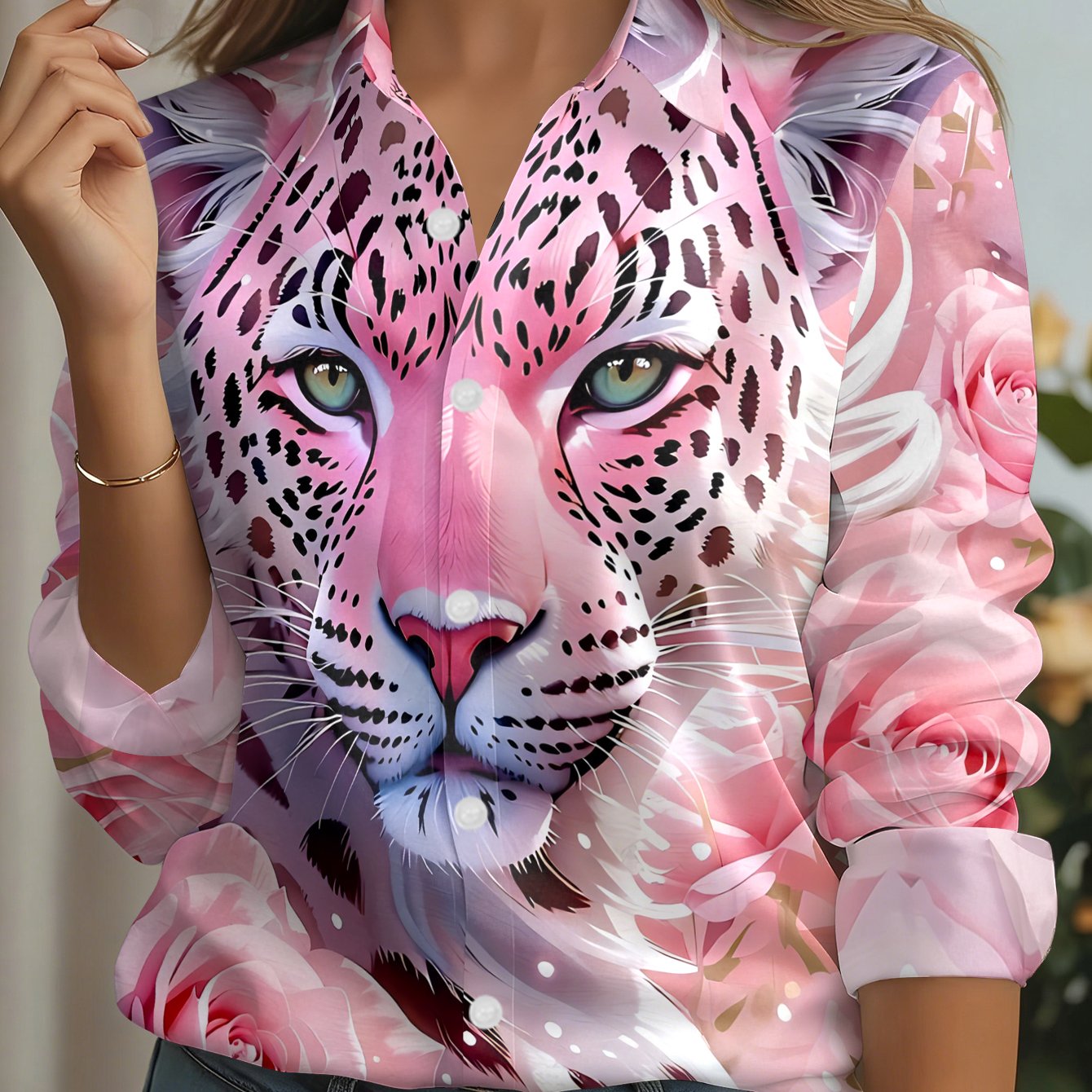 TEMU New Women's Long-sleeved Shirt With A Leopard Surrounded By Pink Roses, With Pink And , , And A Pattern, A Versatile And Casual Top For
