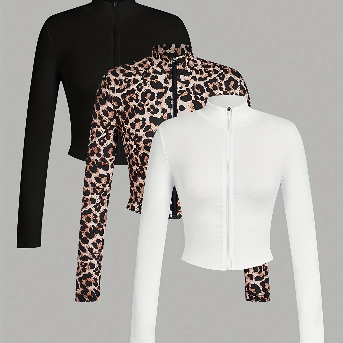 Three-piece Set Of Simple Casual Women's Autumn/winter V-neck Stretch T-shirts, Half-zip Design, Fitted Long Sleeves - White, Black, Leopard Print