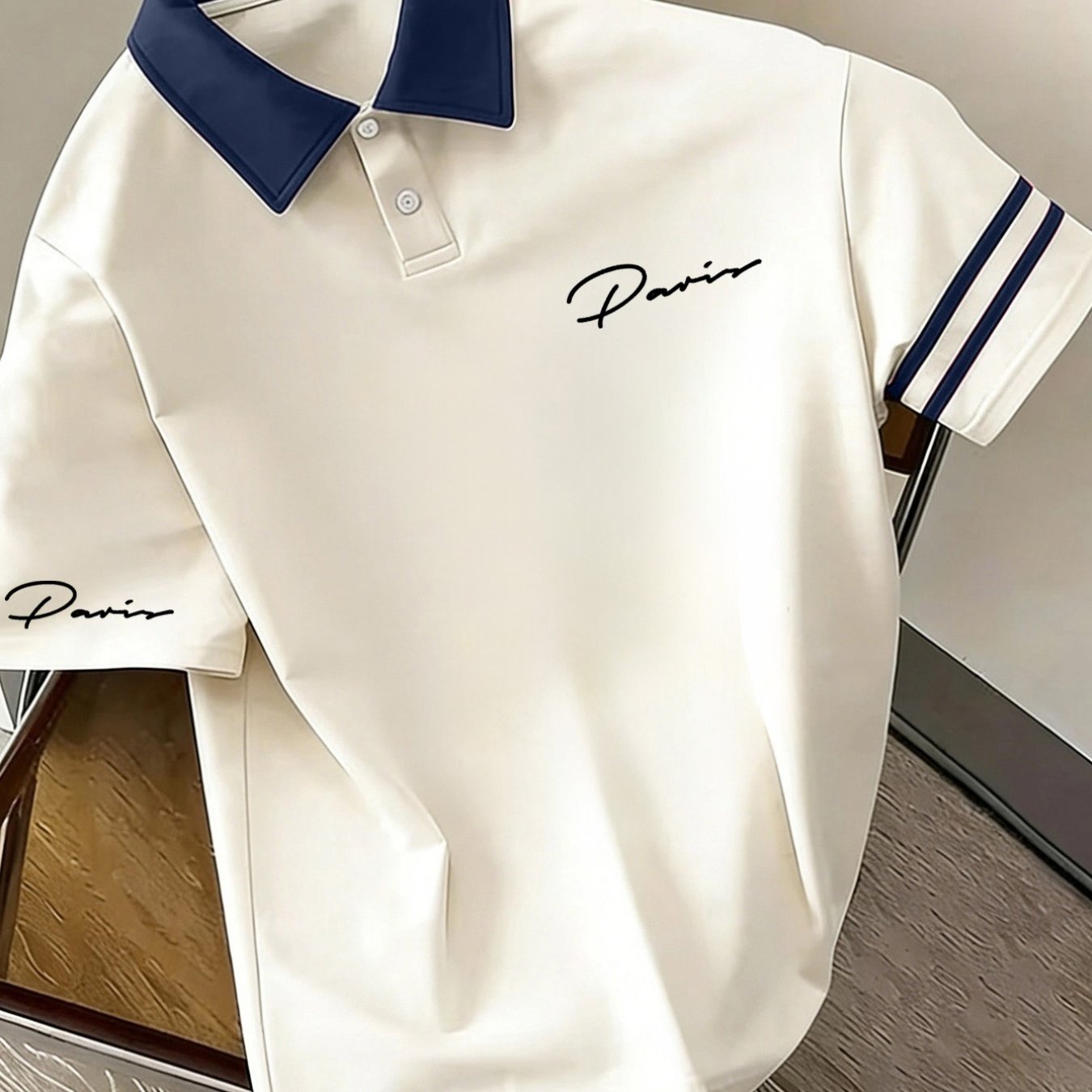 TEMU Vacation Outing Color-blocking Shirt, Double Stripe Cuff With Hand-lettered English Contrast Collar Breathable Short Sleeve