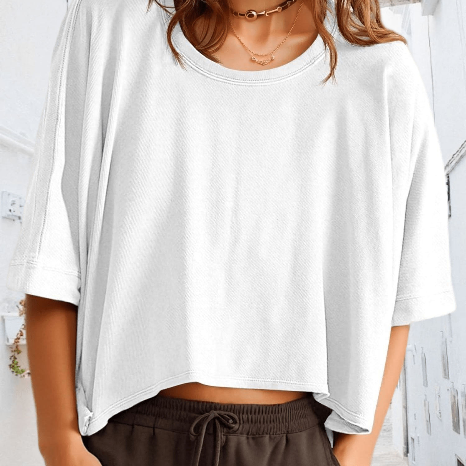 Women's Summer Cropped Oversized Tee | Chic Casual Loose Short Sleeve Top, Solid Color, Crew Neck, Stretch Fabric