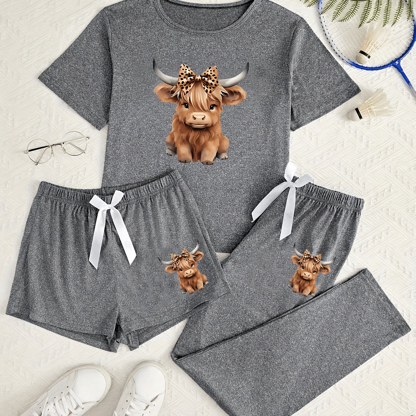 TEMU Women's Casual Pajama Set, Yellow Cute Little With Horns And Bow Printed Short Sleeve Top, Shorts, Long Pants 3pcs Set, , Women's Loungewear