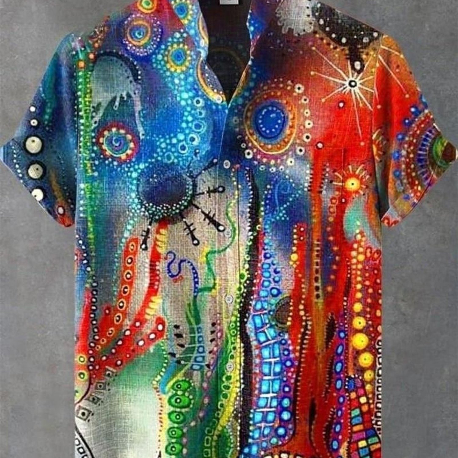 Image of Men's Fashion Dress Shirt, Colorful Short-sleeved, Vibrant Abstract Pattern, Front, Polyester Fabric, Chest Pocket, Street Daily Wear, Multiple Specifications , Mixed Color
