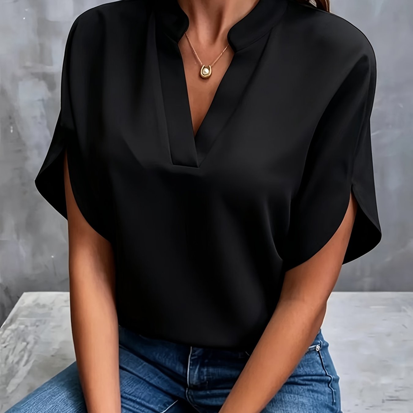 Image of Spring Summer Autumn Simple Solid Color Casual Commuter Shirt / V-neck Loose Batwing Sleeve Pullover Blouse, Versatile Style