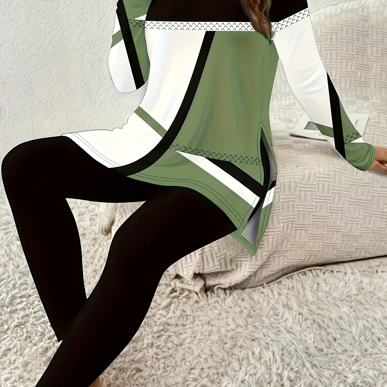 TEMU Print Slit Long Sleeve Crewneck Top And Pants 2pcs Set