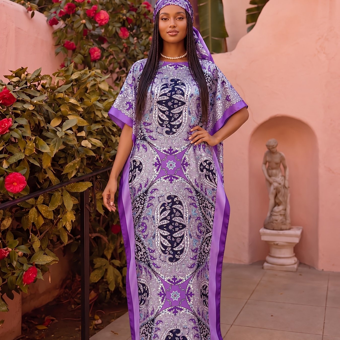 TEMU Plus Size - [] Women's Boho Paisley Print Long Satin Kaftan Dress, Loose Fit Batwing Sleeve Loungewear Beach Cover Up, Maxi Dress