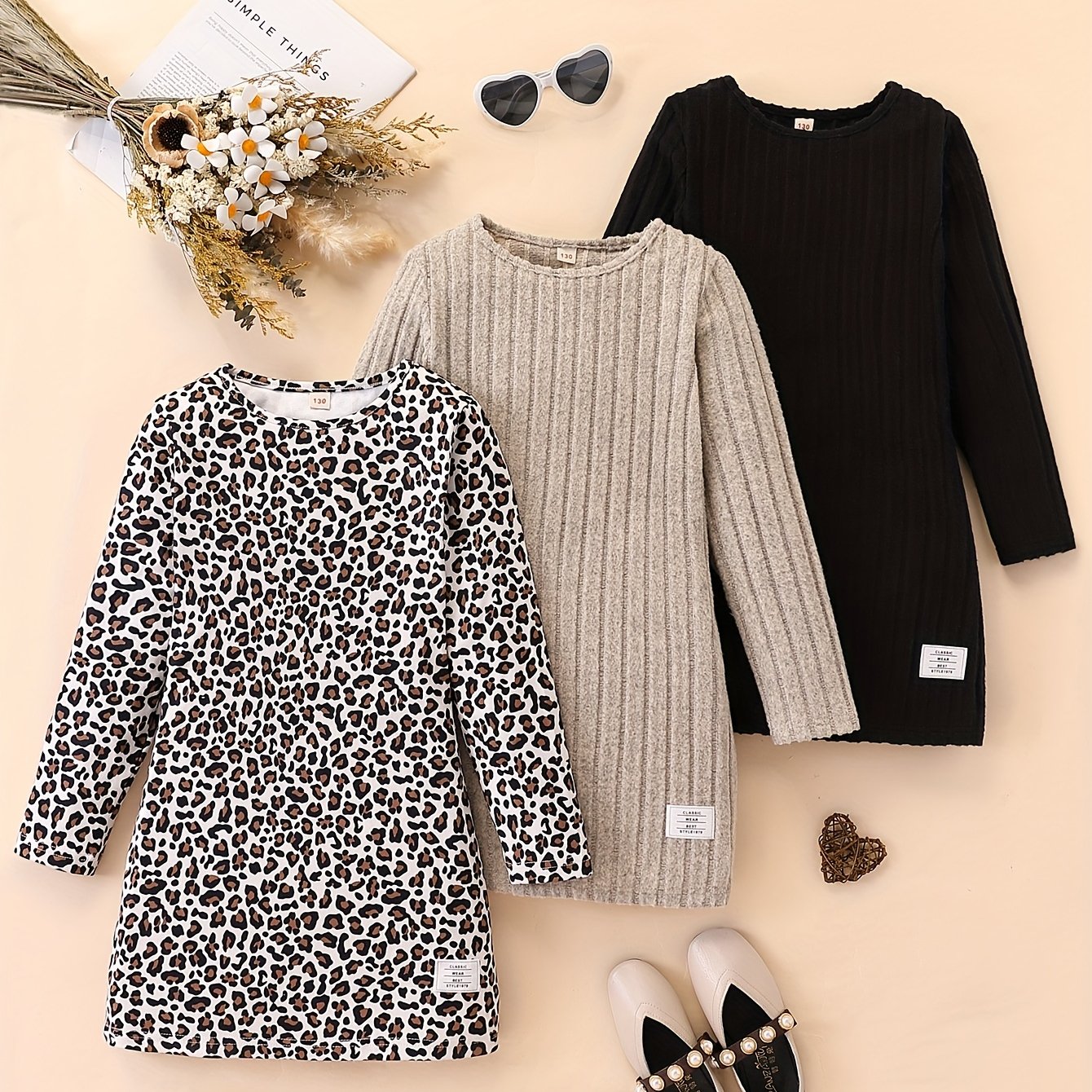 Image of Back-to-school Girls' Clothing - 3pcs Set - Girls' 130-170 Fashion Leopard Print + Solid Color "letter Patch" Ribbed Slim-fit Stretch Dress
