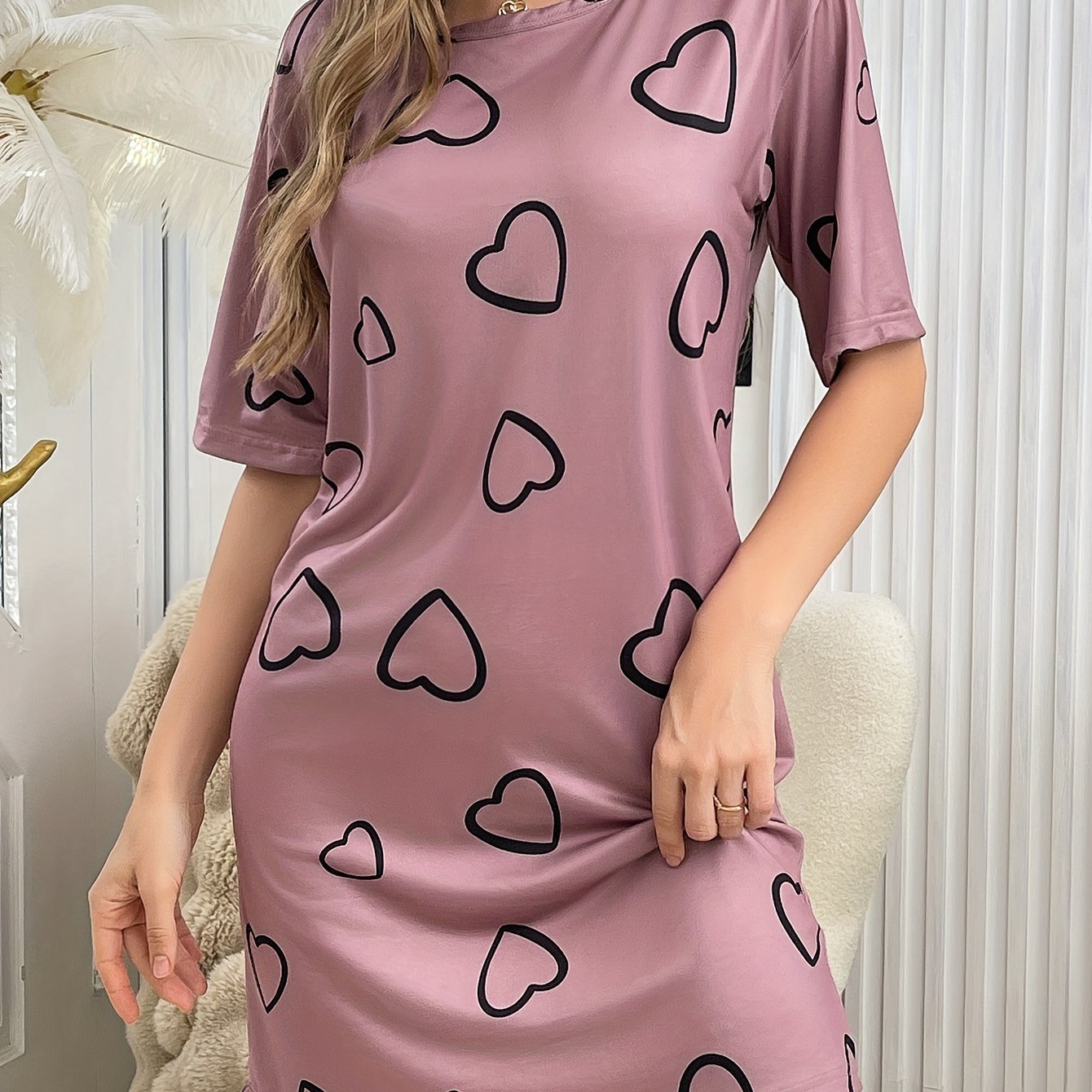 TEMU Dress, Short Round Neck Tee Dress, Comfortable Nightgown