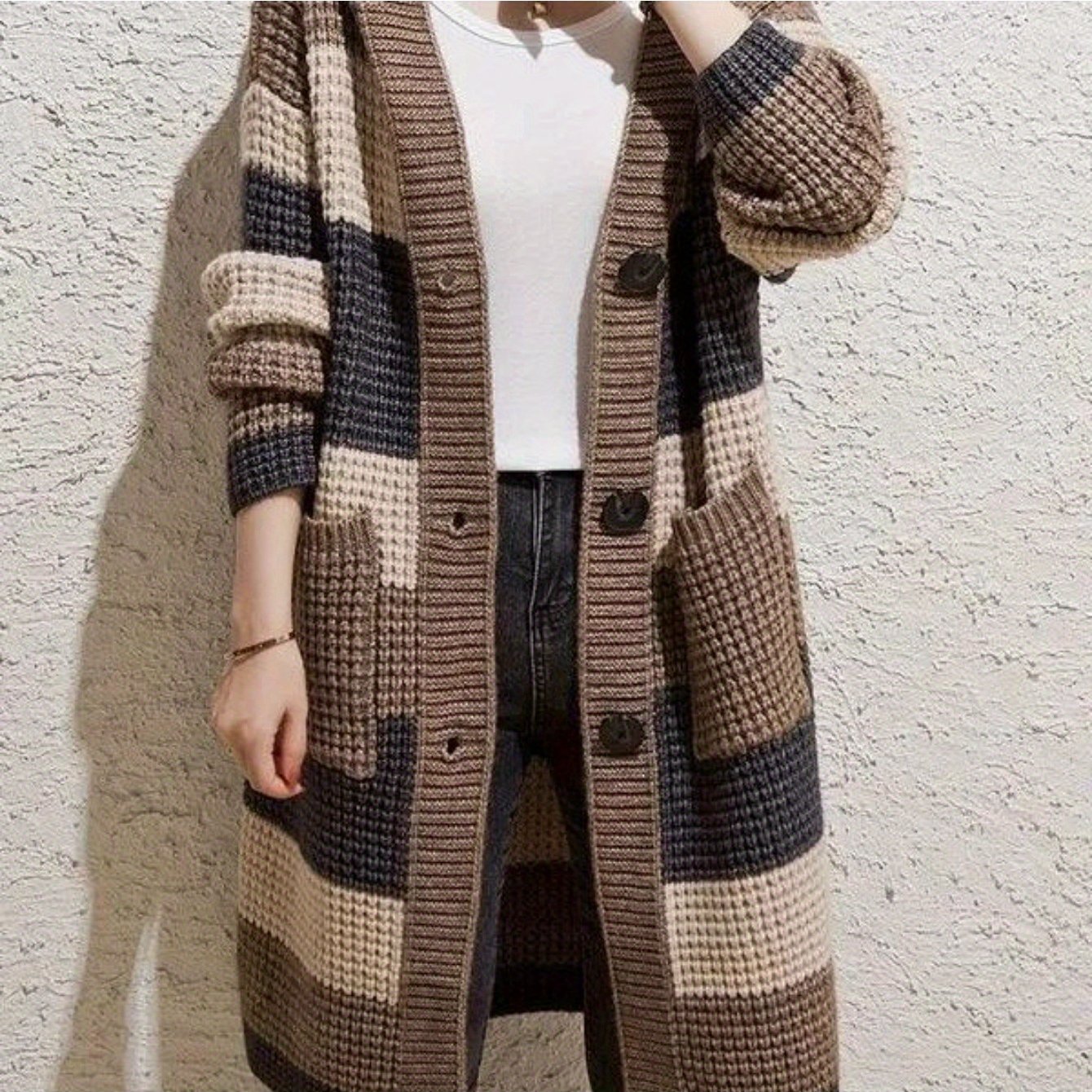 TEMU 【大きいサイズ】ふっくらした体型の女性向け、快適でオーバーサイズのカーディガン。春、秋、冬に最適な、ファッショナブルで魅力的なミドル丈のセーターコート。厚手でしっかりとした質感。