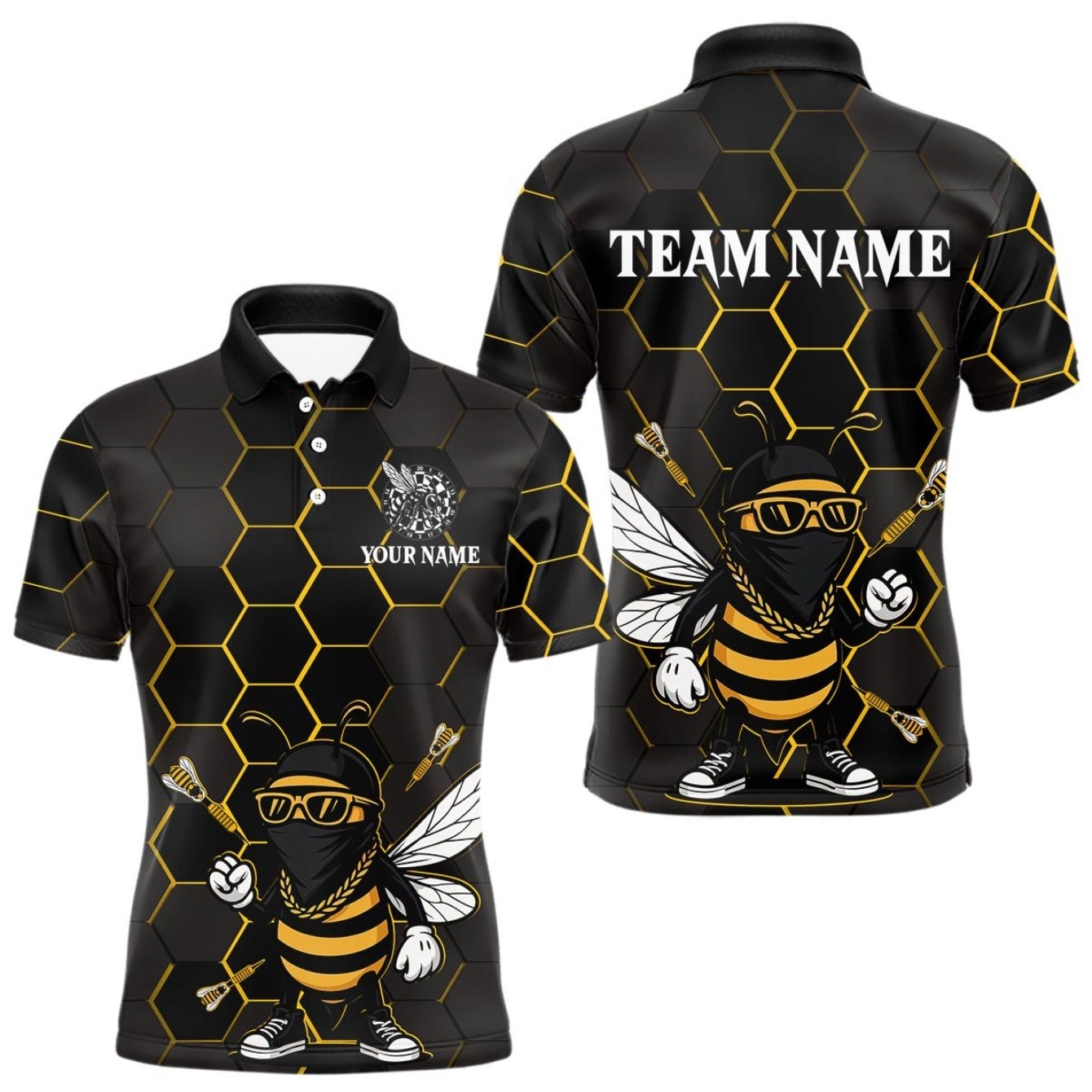 TEMU Custom Black & Dart League Shirt For Men - Personalized Name, Casual Sports Shirt With Honeycomb & , Regular Fit, Button-up Collar